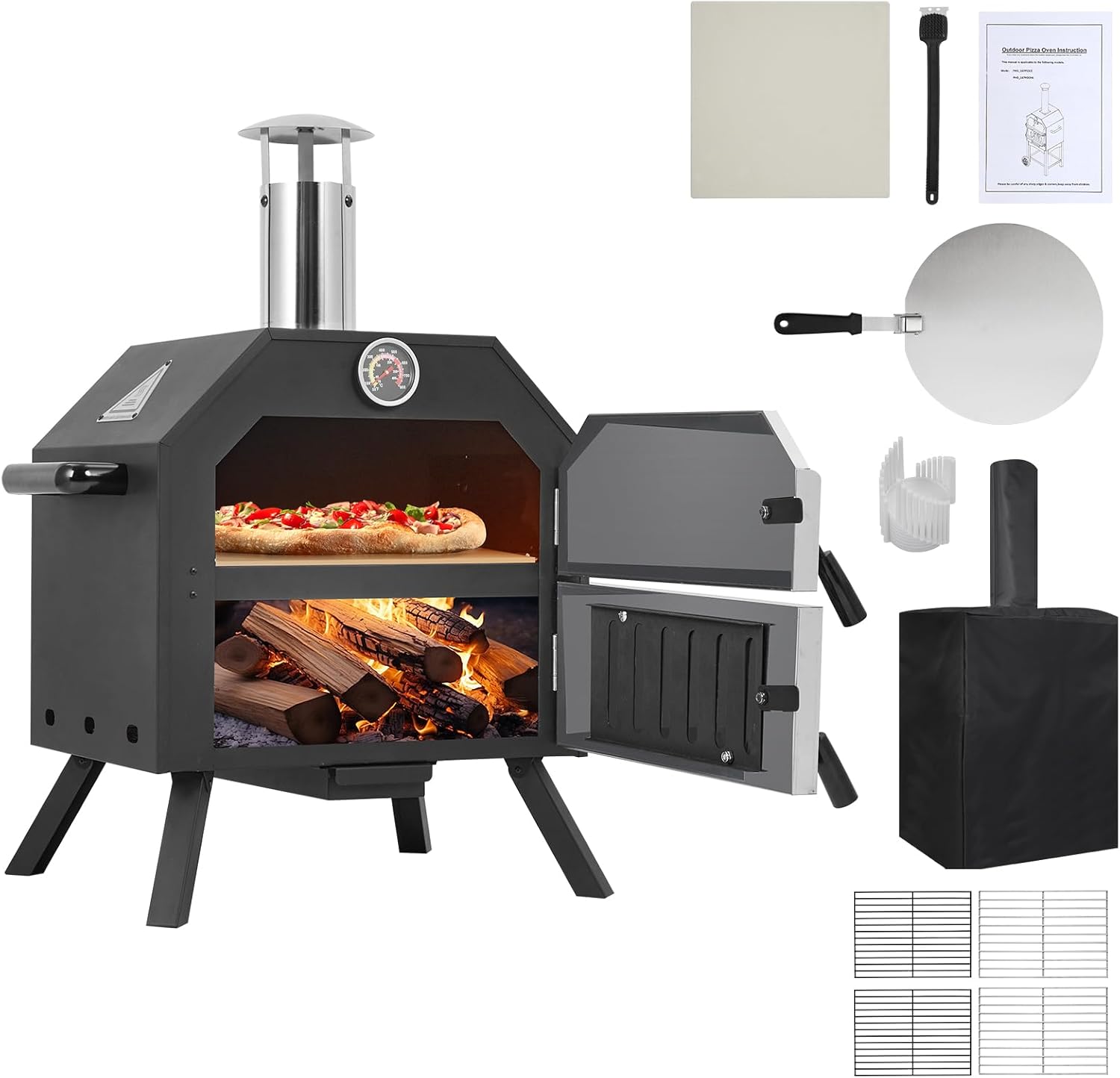 Qeetex PSKX-PHO-167P32EL Outdoor Wood Fired Pizza Oven 12 Inch Portable Pizza Maker With Foldable Legs Waterproof Cover Pizza Stone Grill Rack Peel And Accessories For Camping Backyard Bbq And Parties Durable Carbon Steel - Thumbnail