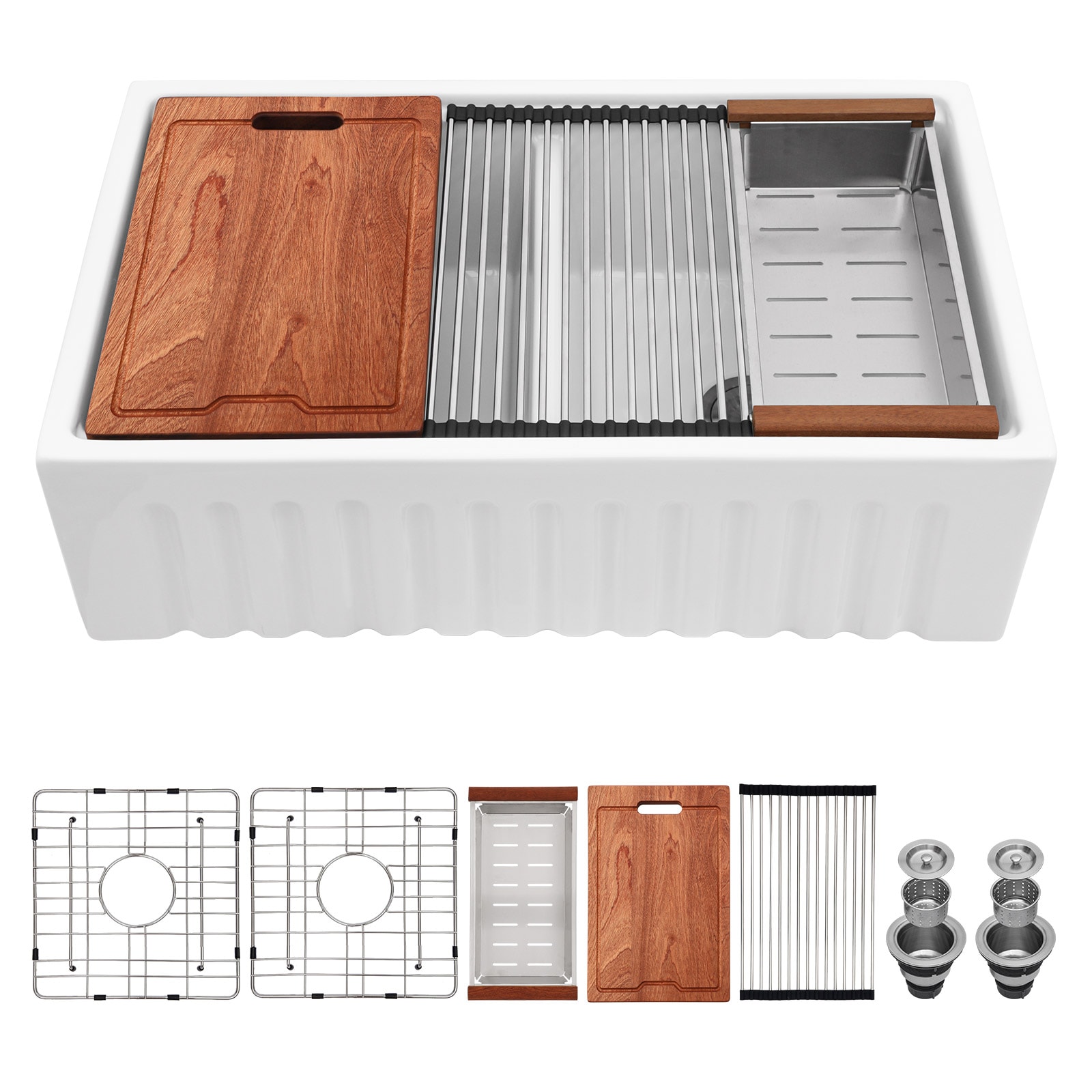 Lordear LD-TCS33R2DS Farmhouse apron front 33-in x 20-in Fireclay Double equal bowl Workstation Kitchen Sink