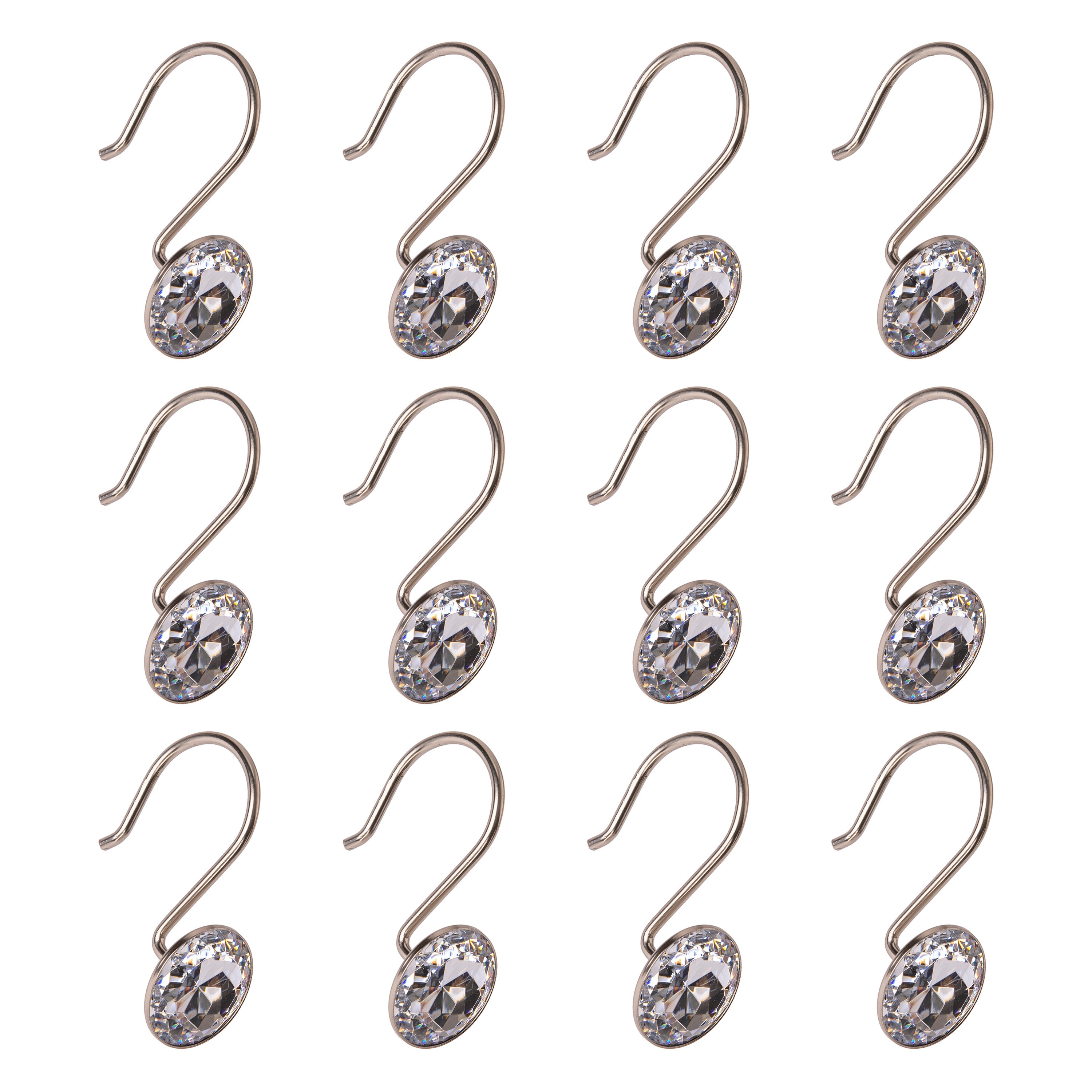 Brushed Nickel Crystal Design Shower Curtain Hooks Set of 12
