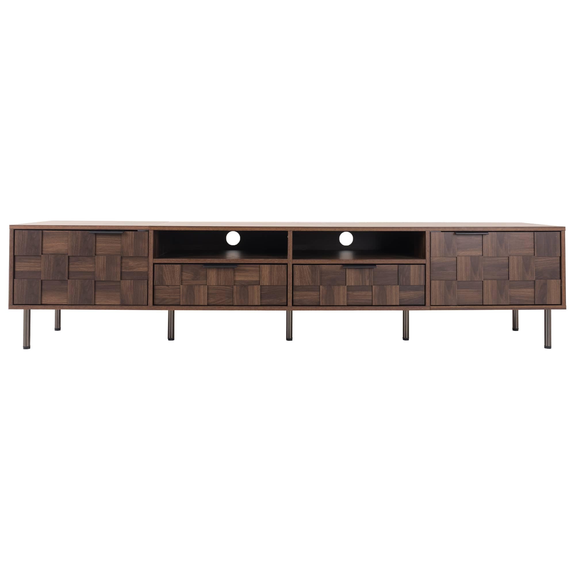 Vynxaria LEXY2067DJTVGZ019 Dark Brown TV Stand Entertainment Center Fits TVs up to 85 in with Mid Century Style 2 Drawers 4 Cabinets Cable Holes