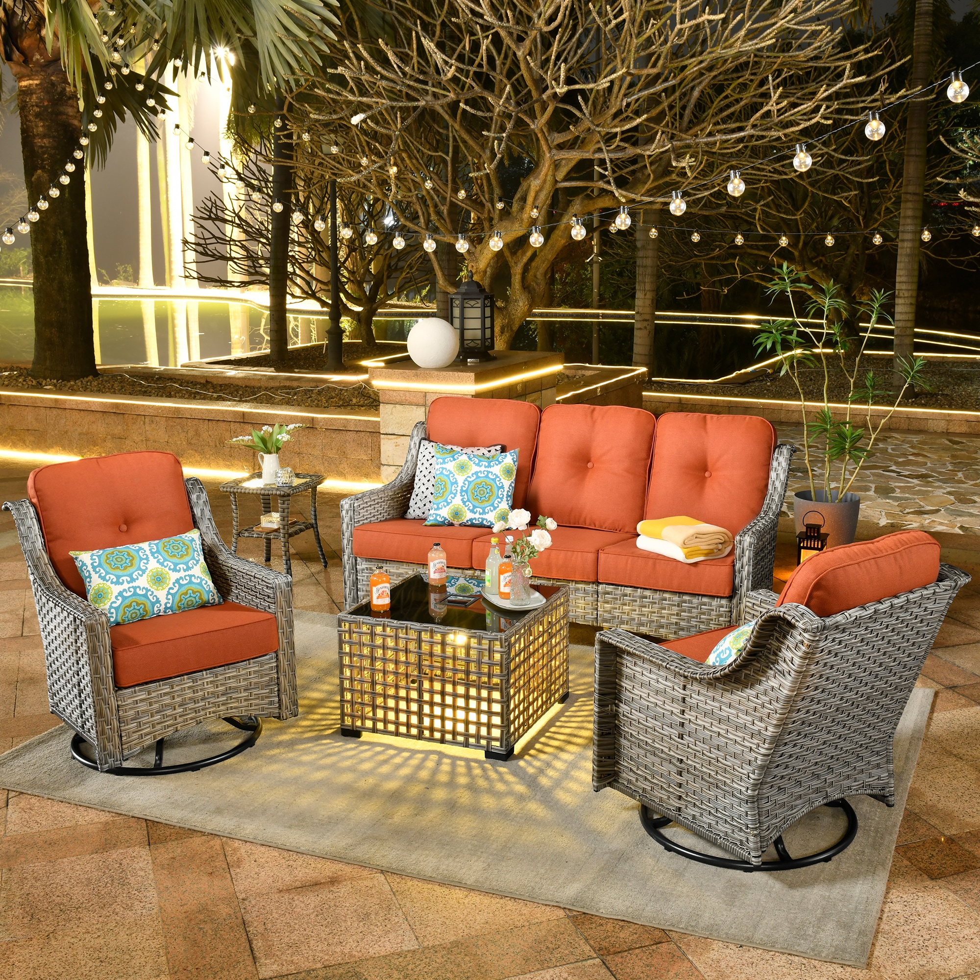Ovios PD8C05Y 5 -Piece Wicker Patio Sofa Conversation Set with Orange Cushions