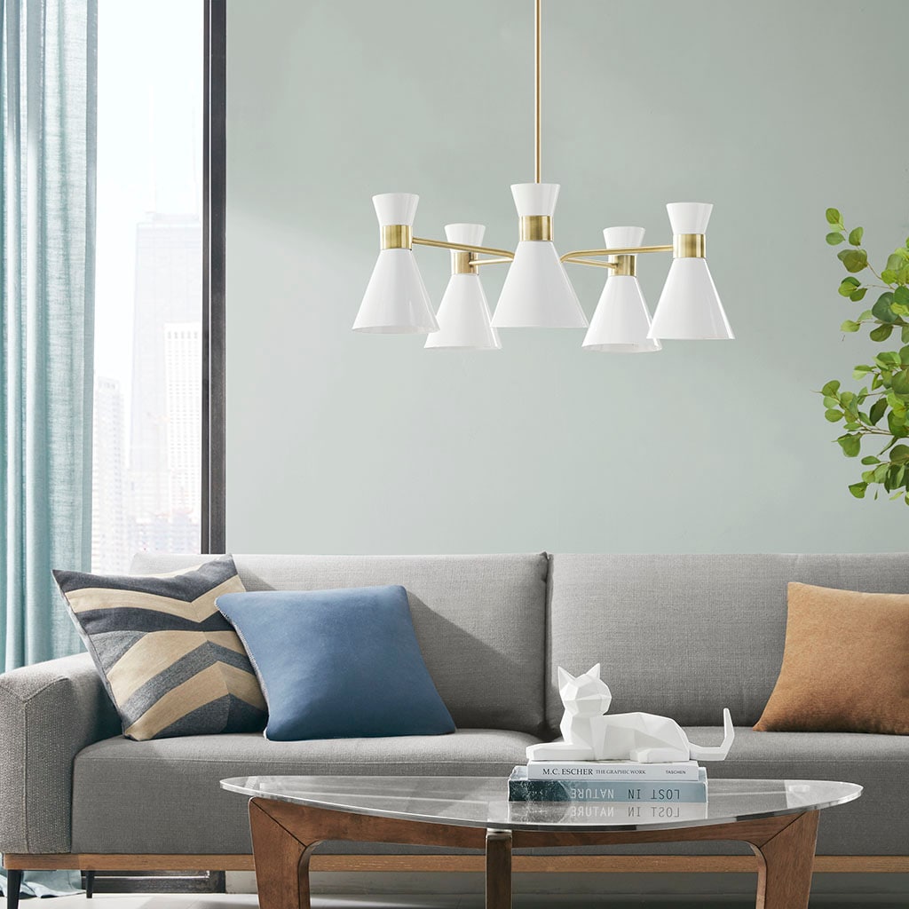 Ezra Mid-Century 5-Light Chandelier in Antique Brass with White Shades