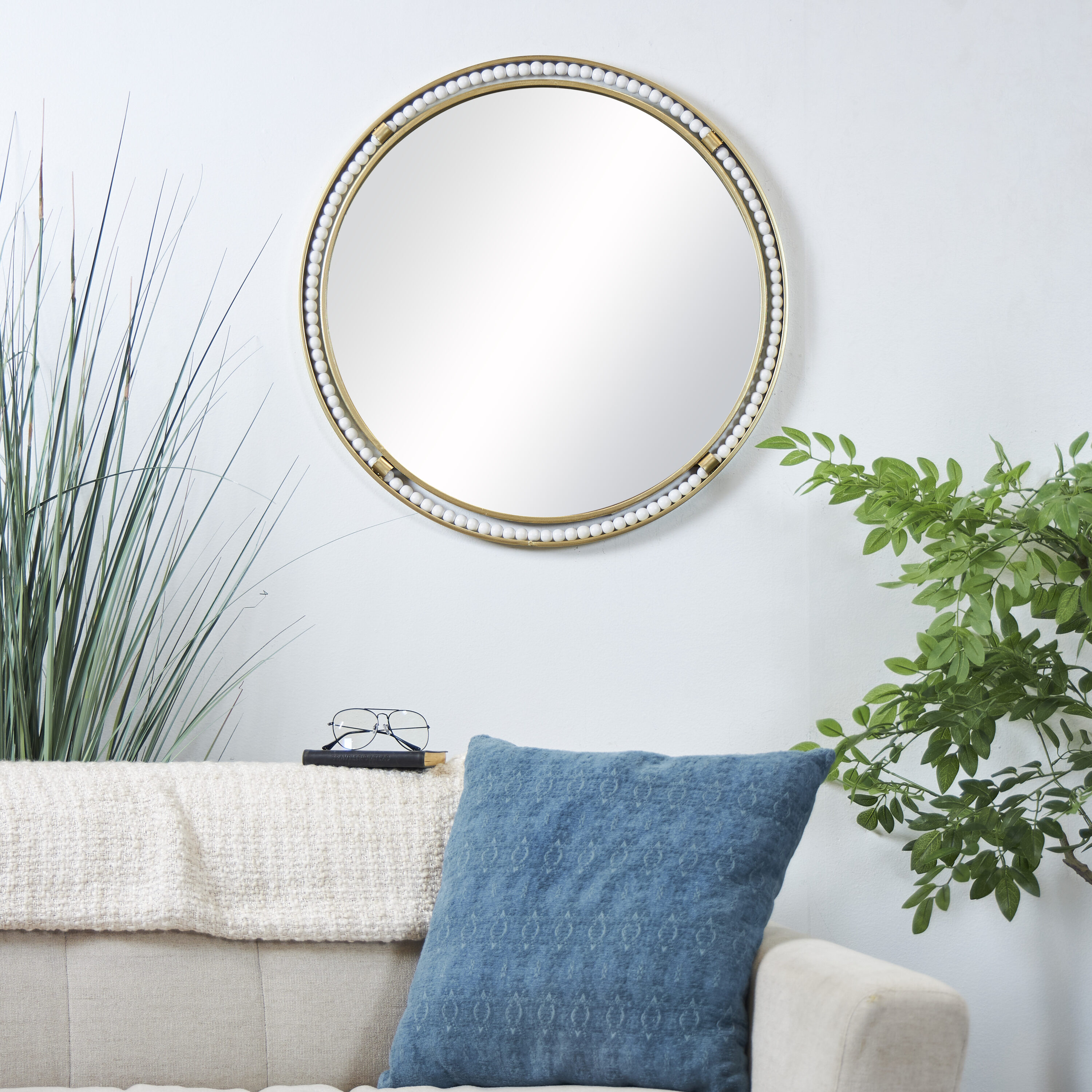 Grayson Lane 820377 26-Inches W x 26.0-Inches H Round Gold Carved Wood Beads Framed Wall Mirror