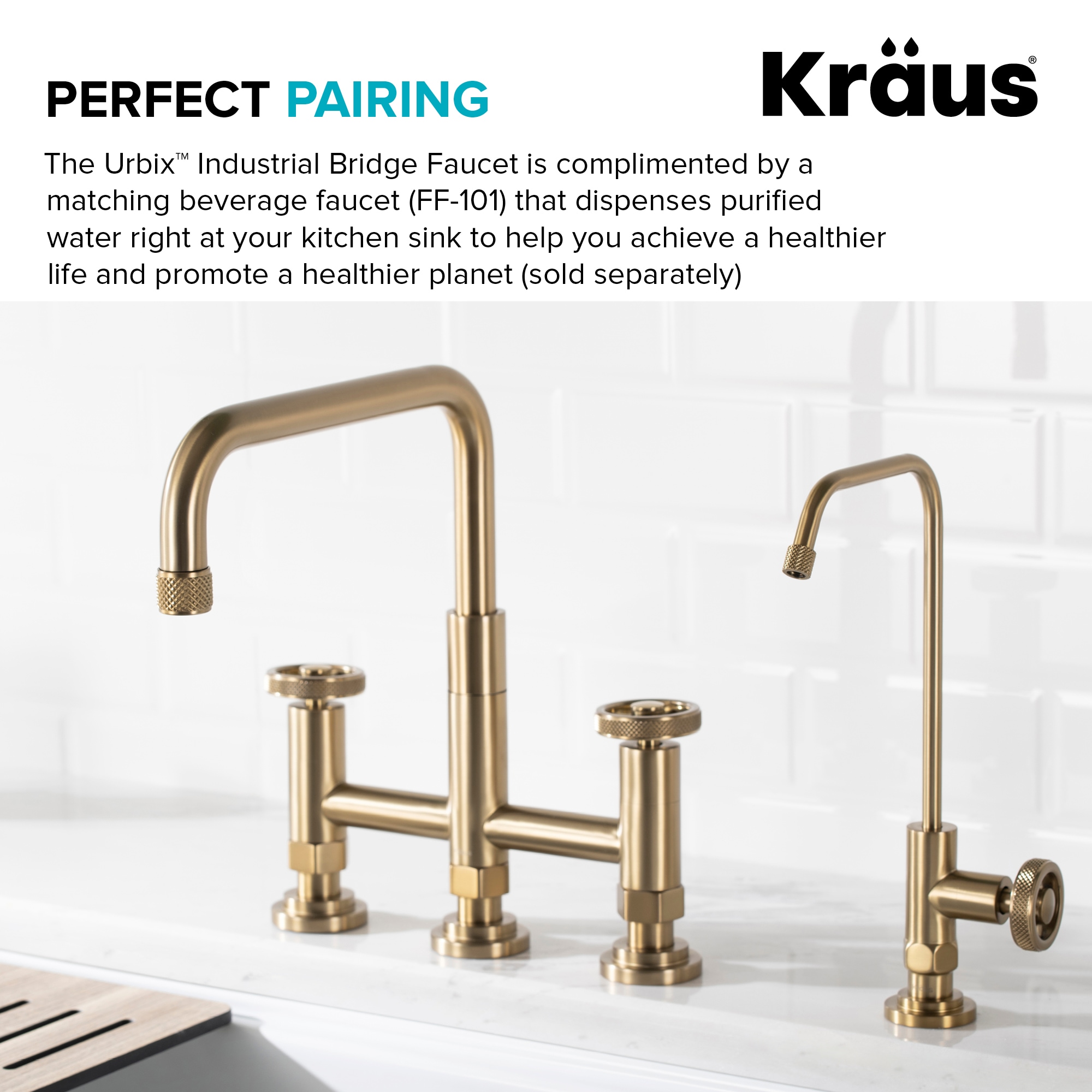 Urbix Brushed Gold Stainless Steel Bridge Faucet with Side Sprayer