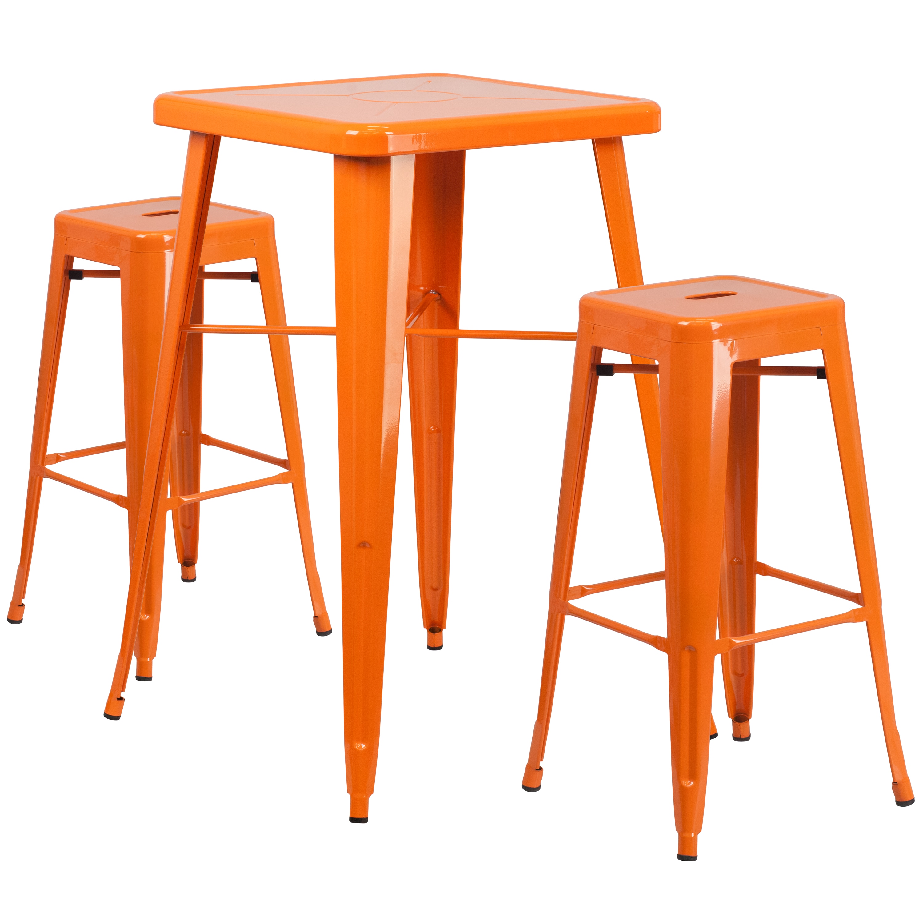 Flash Furniture 889142025733 Stone Commercial Grade 23.75-in Square Orange Metal Indoor-Outdoor Bar Table Set with 2 Square Seat Backless Stools