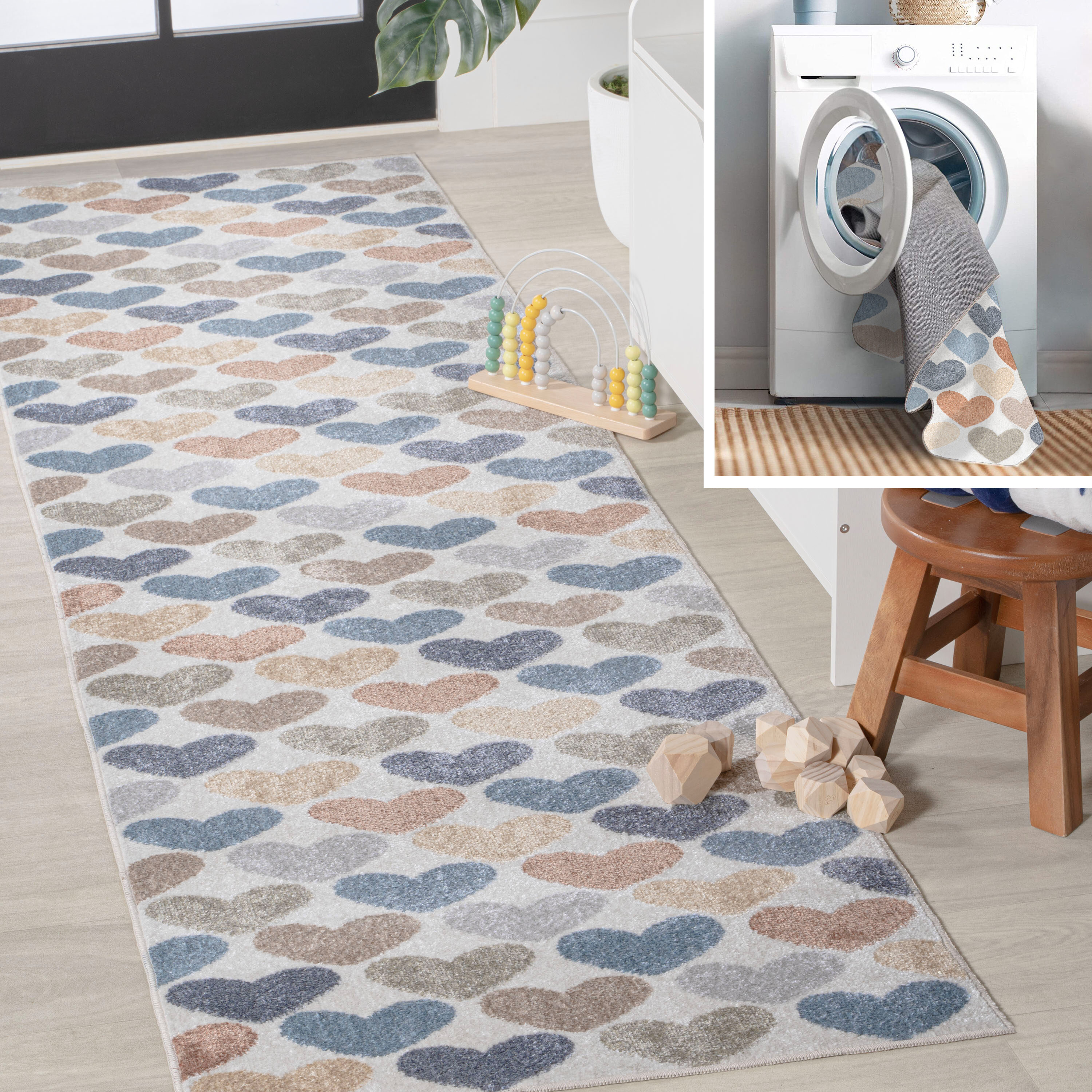 JONATHAN  Y KDW101A-28 Kids Machine-Washable Dila Modern Hearts Geometric 2 x 8 (ft) Loomed Polyester Ivory/Blue/Orange Rectangular Indoor Trellis Bohemian/Eclectic Machine washable Runner rug