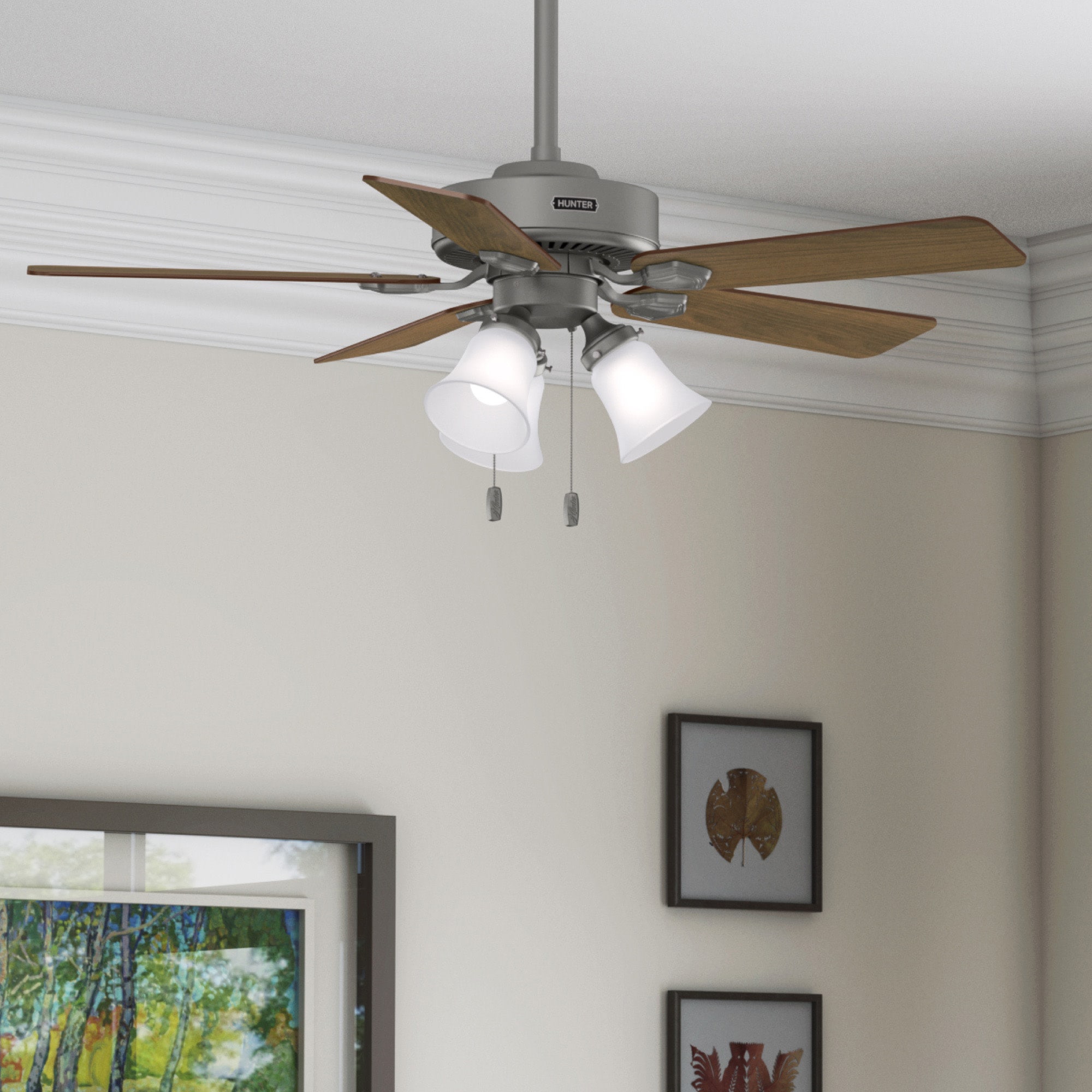 Hunter 52779 Swanson ENERGY STAR 44-in Matte Silver with Autumn Walnut Blades Ceiling Fan With Light ( 5 -Blade )