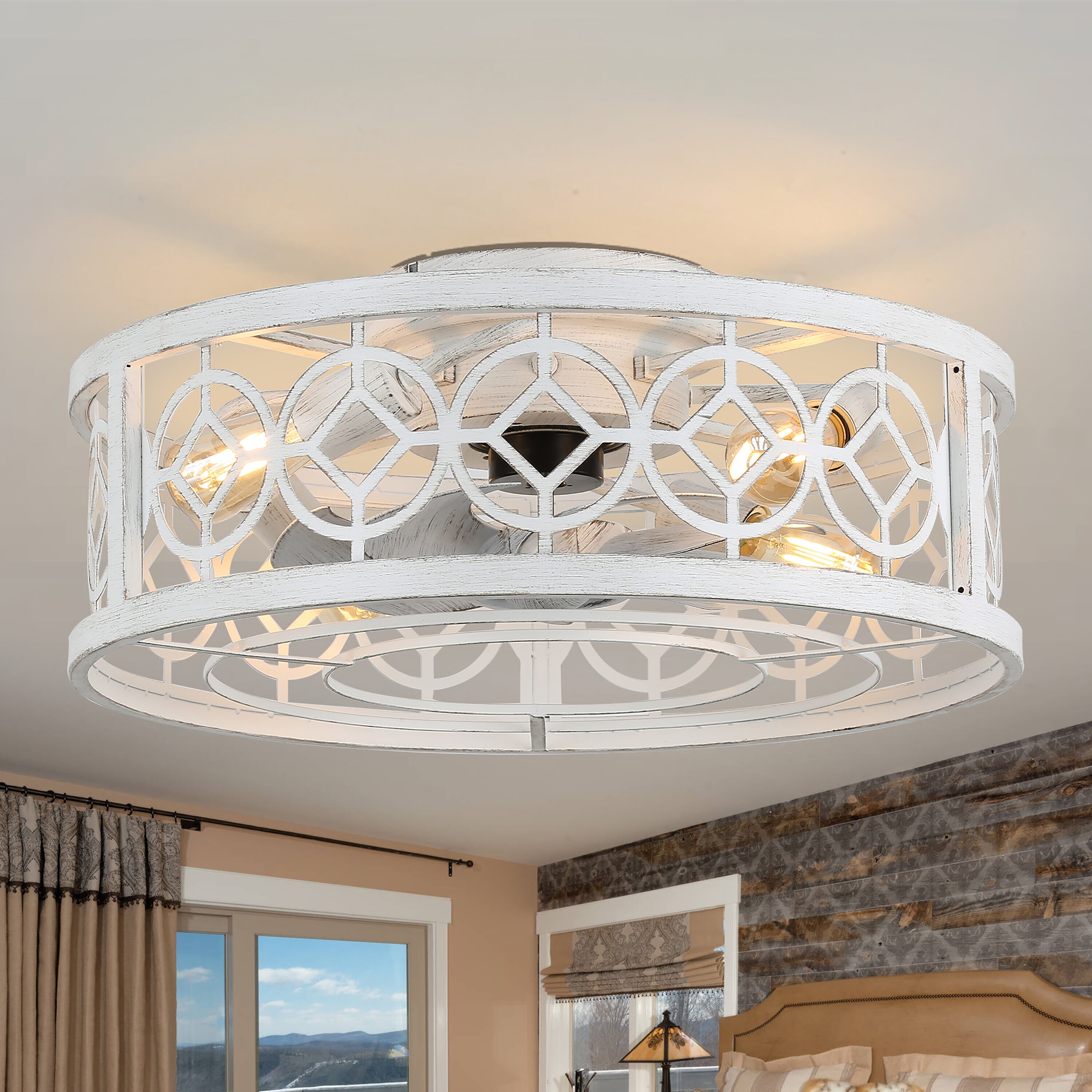 Cusp Barn CS20BD72 Fredinron 20-in Flush Mount Distressed White with White Blades Cage Ceiling Fan Without Light 8 -Blade )