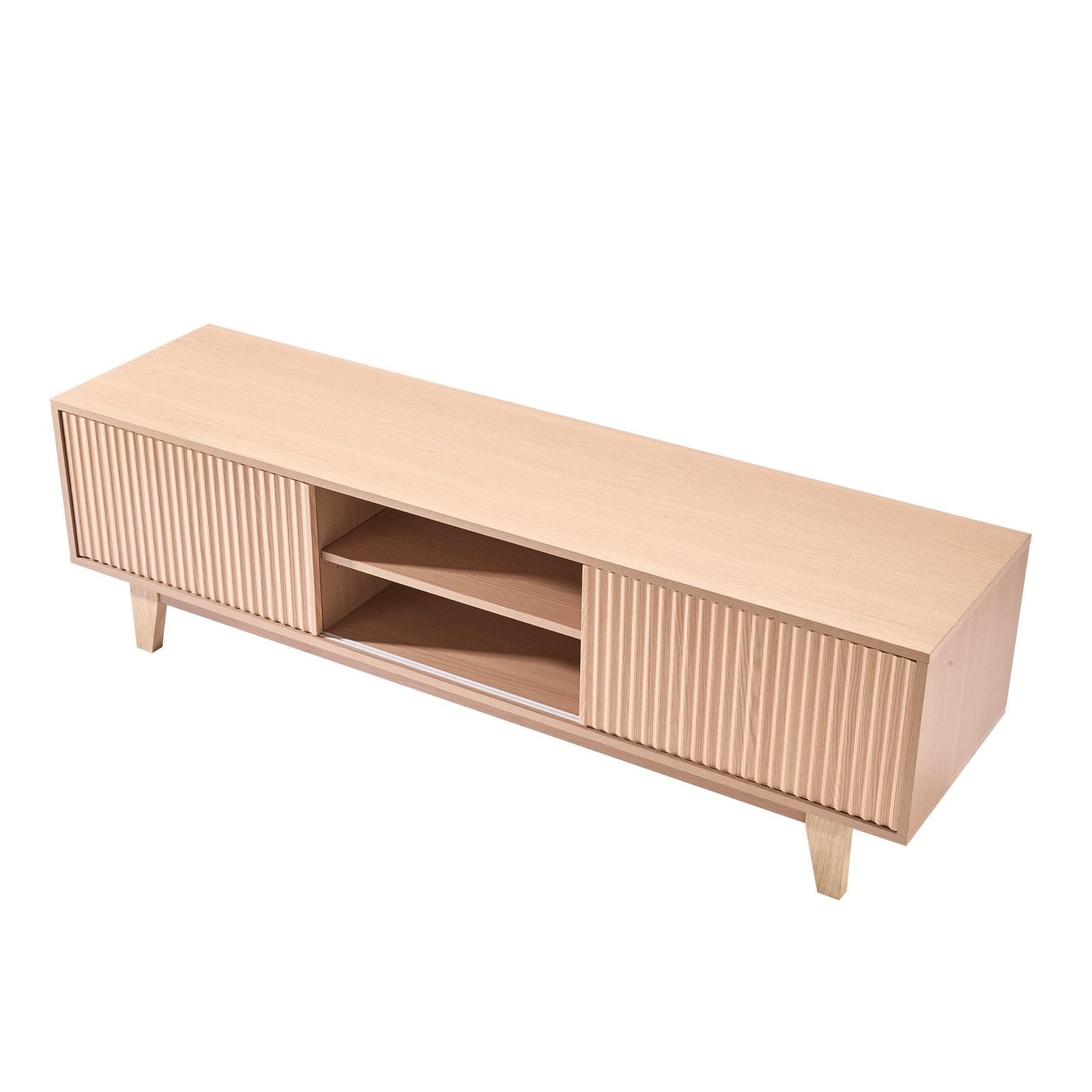 GIVIMO Boho Entertainment Center for TVs up to 59 in 350-lb Load Capacity TV Stand with Woven Rattan Accents Open Shelves and Adjustable Middle Tier for Living Room