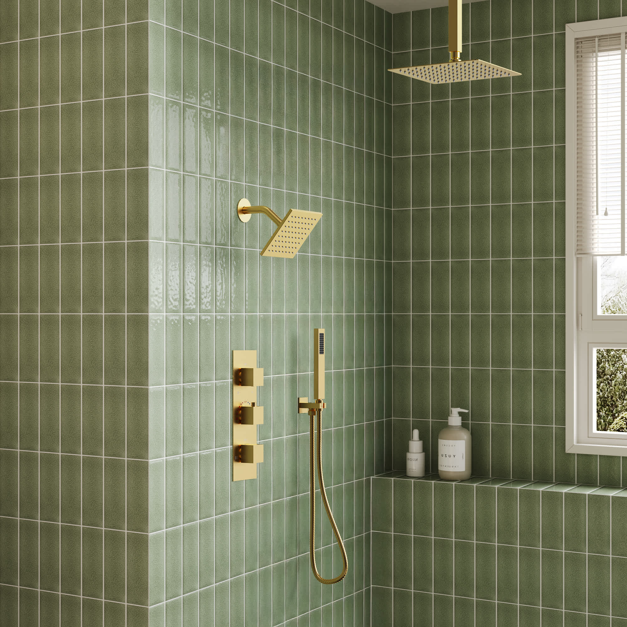 EVERSTEIN SFS1004A-GD12 Thermostatic Dual Showerheads System with 12-in High-Pressure Shower Faucet and Rough-In Valve in Brushed Gold