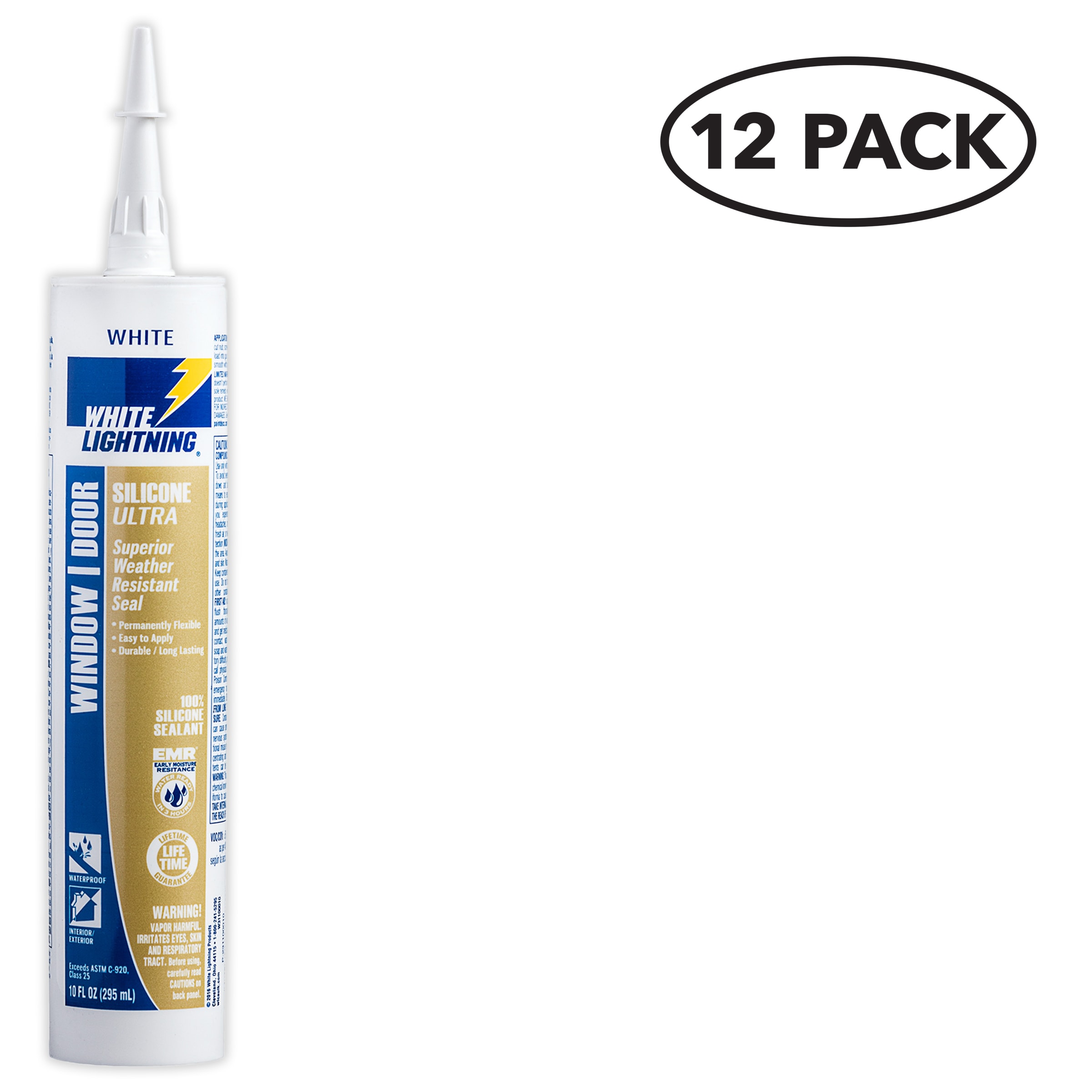 White Lightning W31100010SOS Window and Door 12 -Pack 10-oz Window door White Silicone Caulk