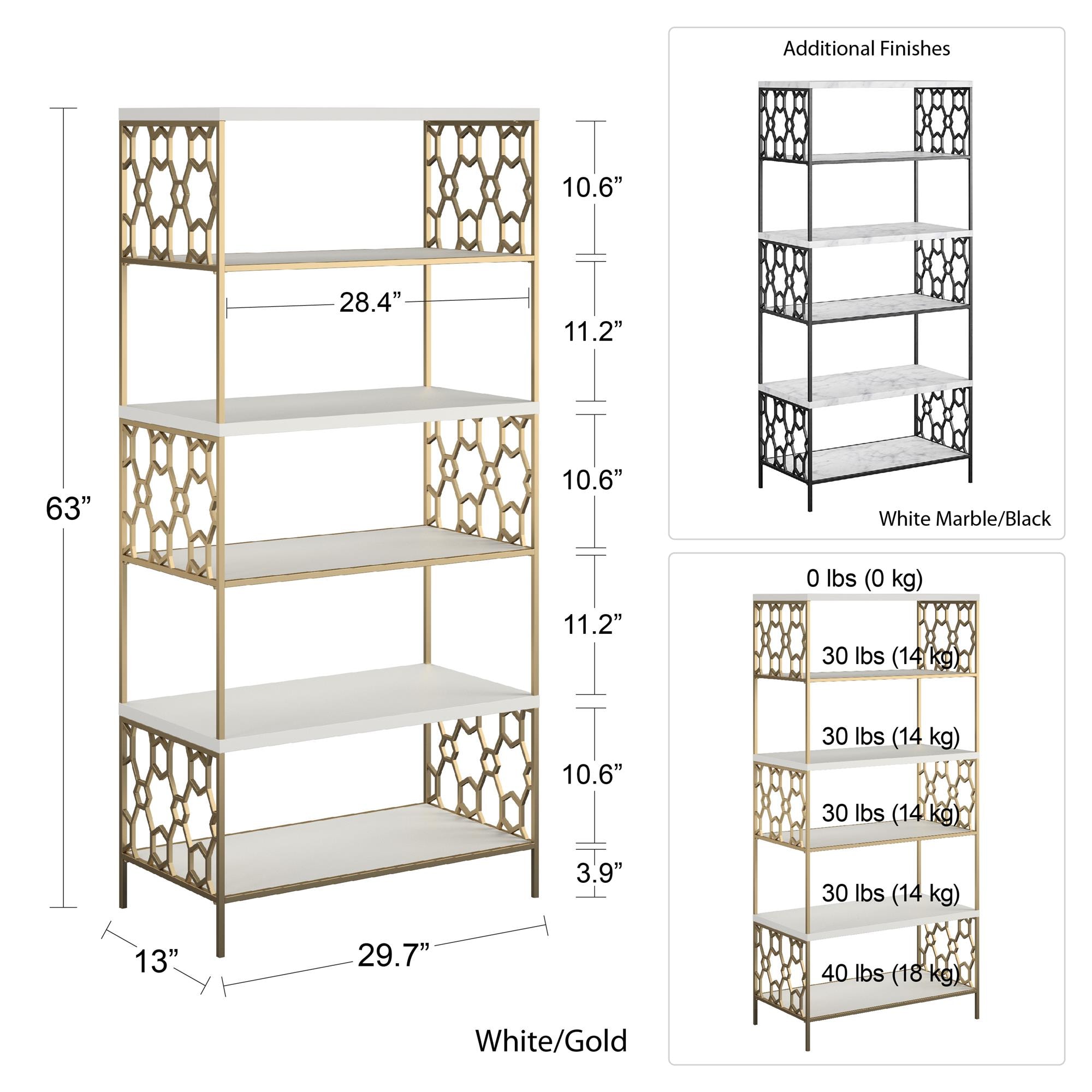 Ella Modern White Marble and Black Metal 5-Shelf Bookcase