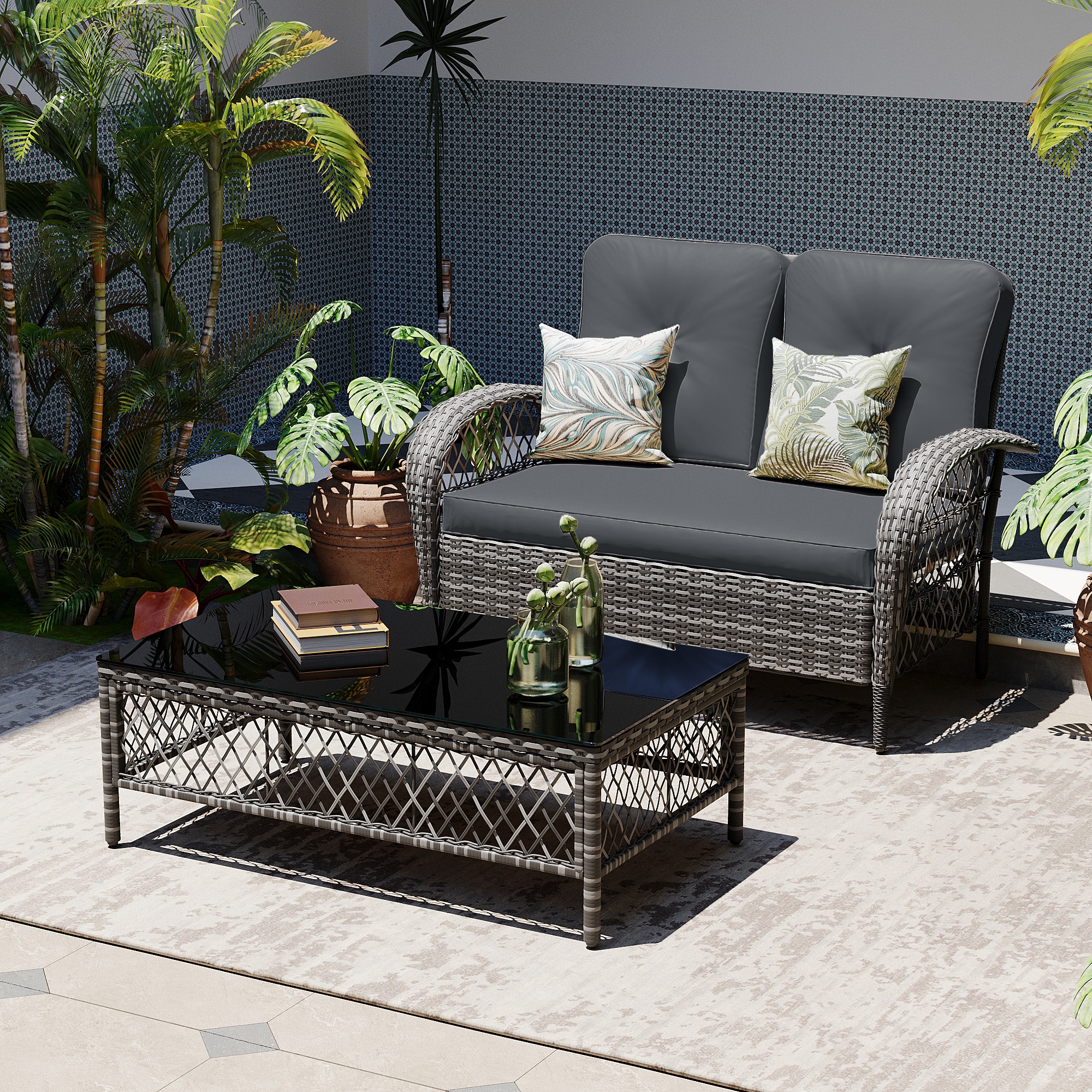 Patio Watcher LHDK-B-DGRAY 2-Piece Rattan Patio Conversation Set with Gray Cushions