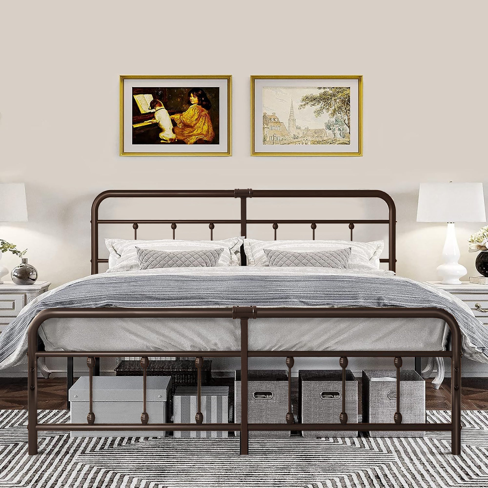 Vecelo LOE-BTJ-MBK08-BLK Black Metal Bed Frame King Size with Vintage Headboard and Footboard Premium Stable Steel Slat Support Mattress Foundation