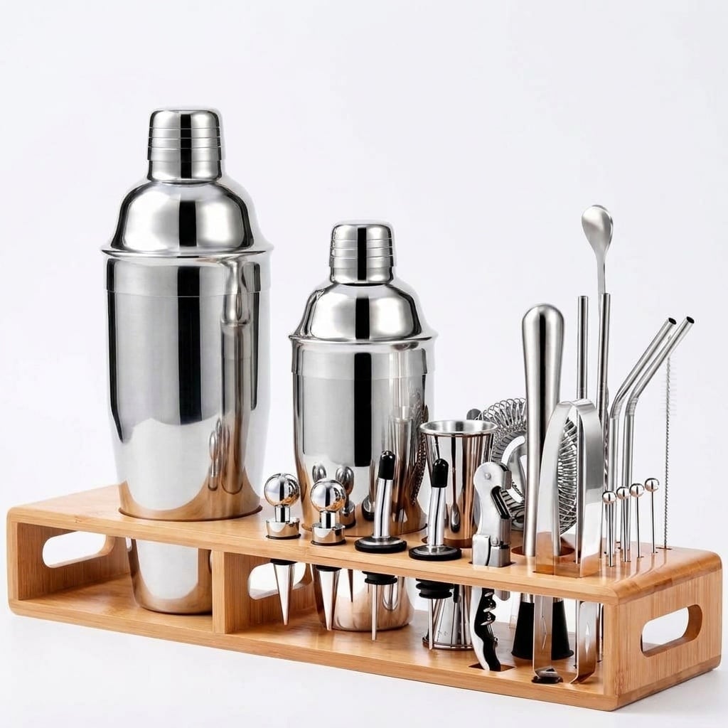 Aoibox  25 Piece Silver Stainless Steel Bartender Mixology Set with Japanese Jigger Muddler and Bamboo Stand