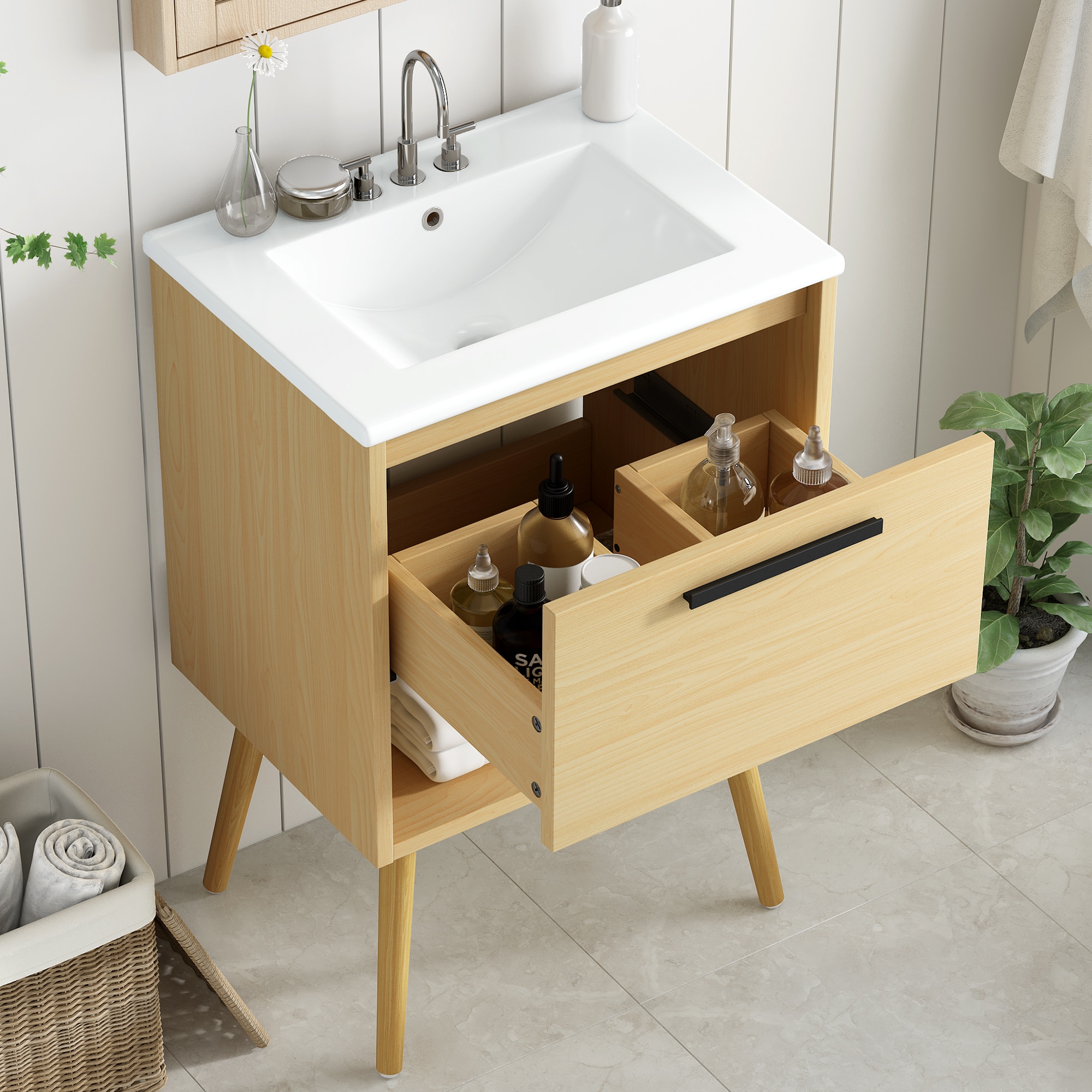 ModernLuxe L3P-N725P176330N 24inch Bathroom Vanity with Sink Combo Multifunctional Bathroom Cabinet with Drawer  MDF Board Natural