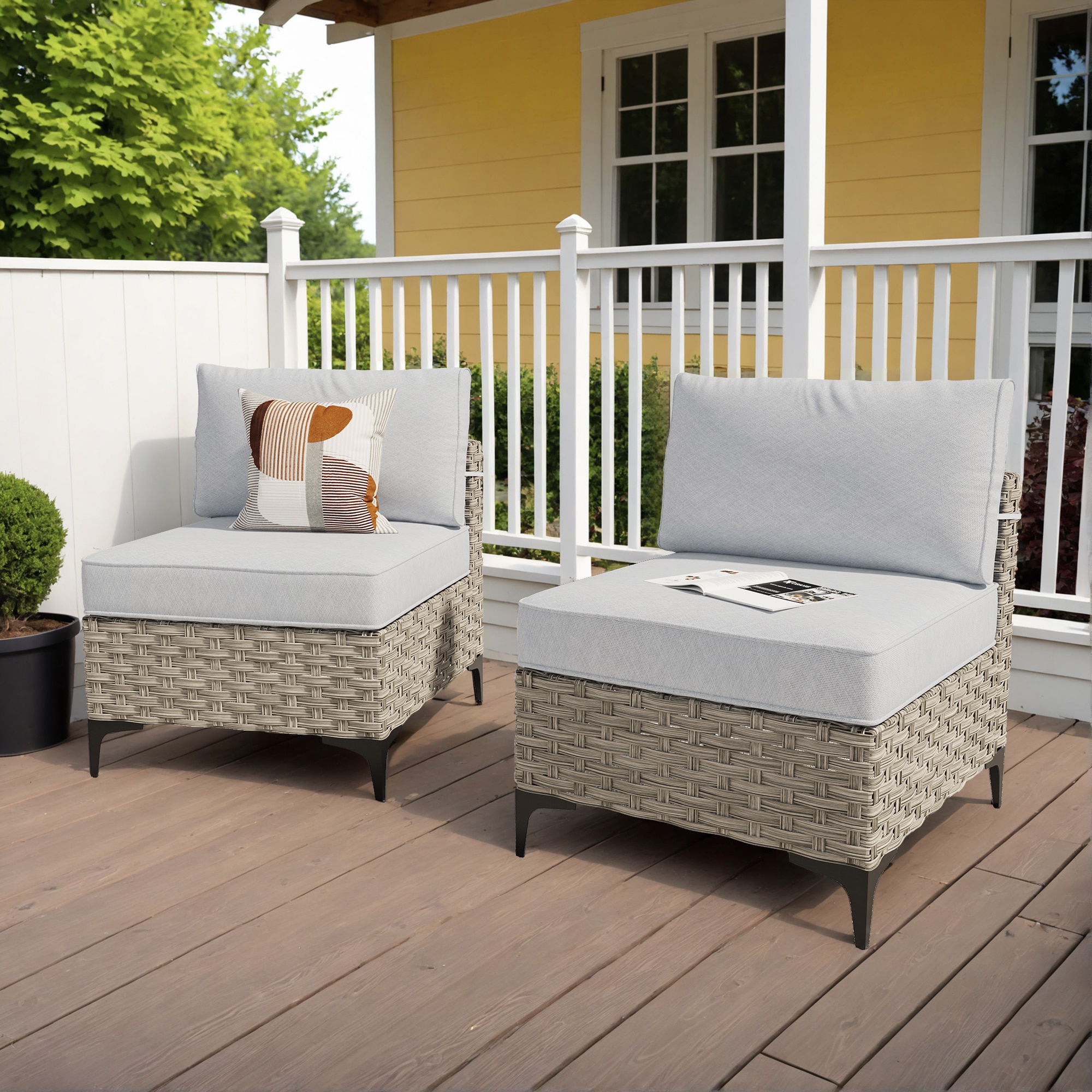 XIZZI XISKT4021 Amber Set of 2 Rattan Beige Frame With Light Gray Cushions Metal Frame Stationary Conversation Chair with Light gray Cushioned Seat