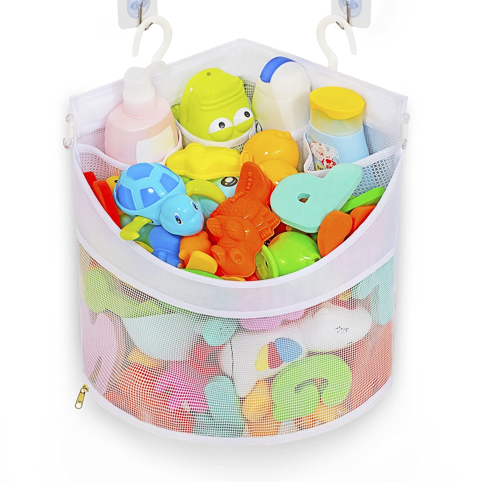 Phyfalip  Baby Bath Toy Organizer Quick Drying Mold Proof Corner Hanging Mesh Storage Bag Large Capacity Three Pockets with Hooks for Bathroom