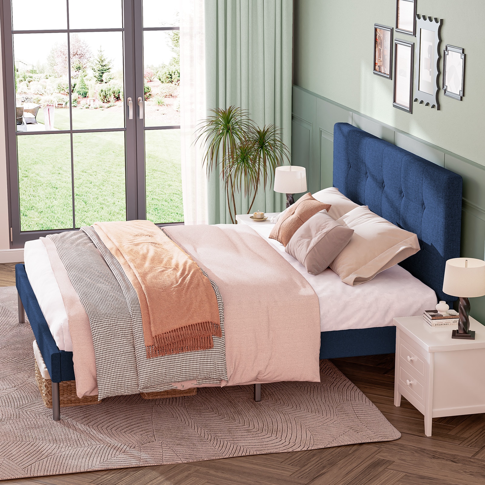 VOUA Bed Frame with Headboard Navy Full Wood and metal Bed frame Bed