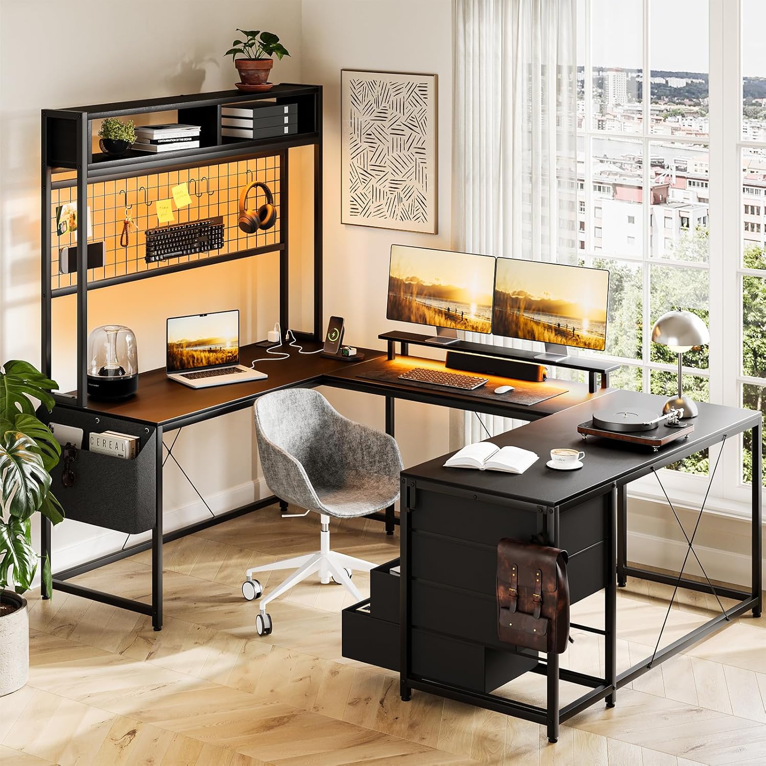 WhizMax LDYLSPHO-14VHGME6 78 Point7 Inch U Shaped Office Desk Reversible L Shaped Gaming Workstation With RGB Lighting Built In Power Hub Monitor Arm Fabric Drawers And Overhead Storage For Home Office Black