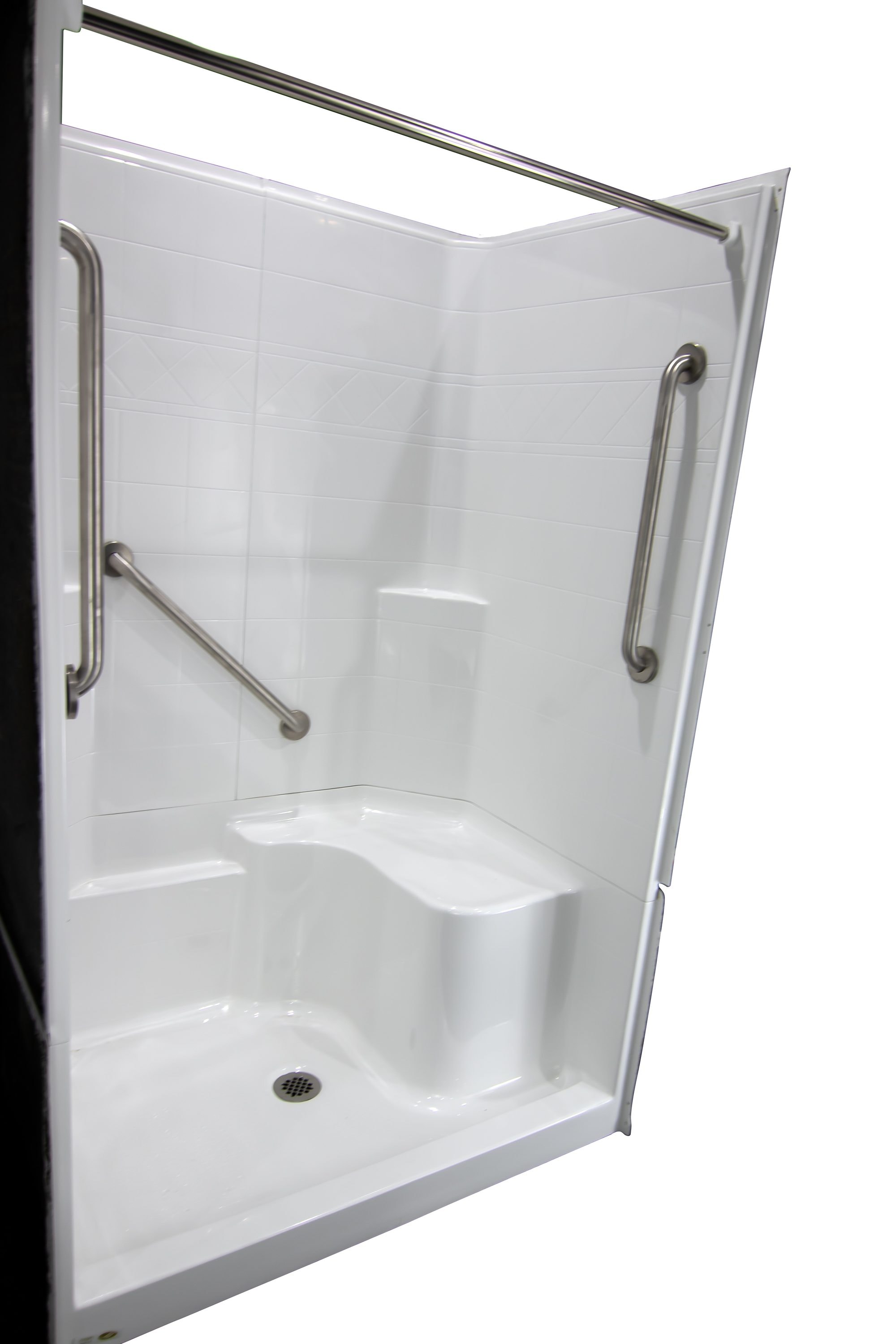 Laurel Mountain Ramer Low Threshold White 4-Piece 60-in x 32-in x 77-in Base/Wall Alcove Shower Kit with Integrated Seat (Right Drain) Drain Included