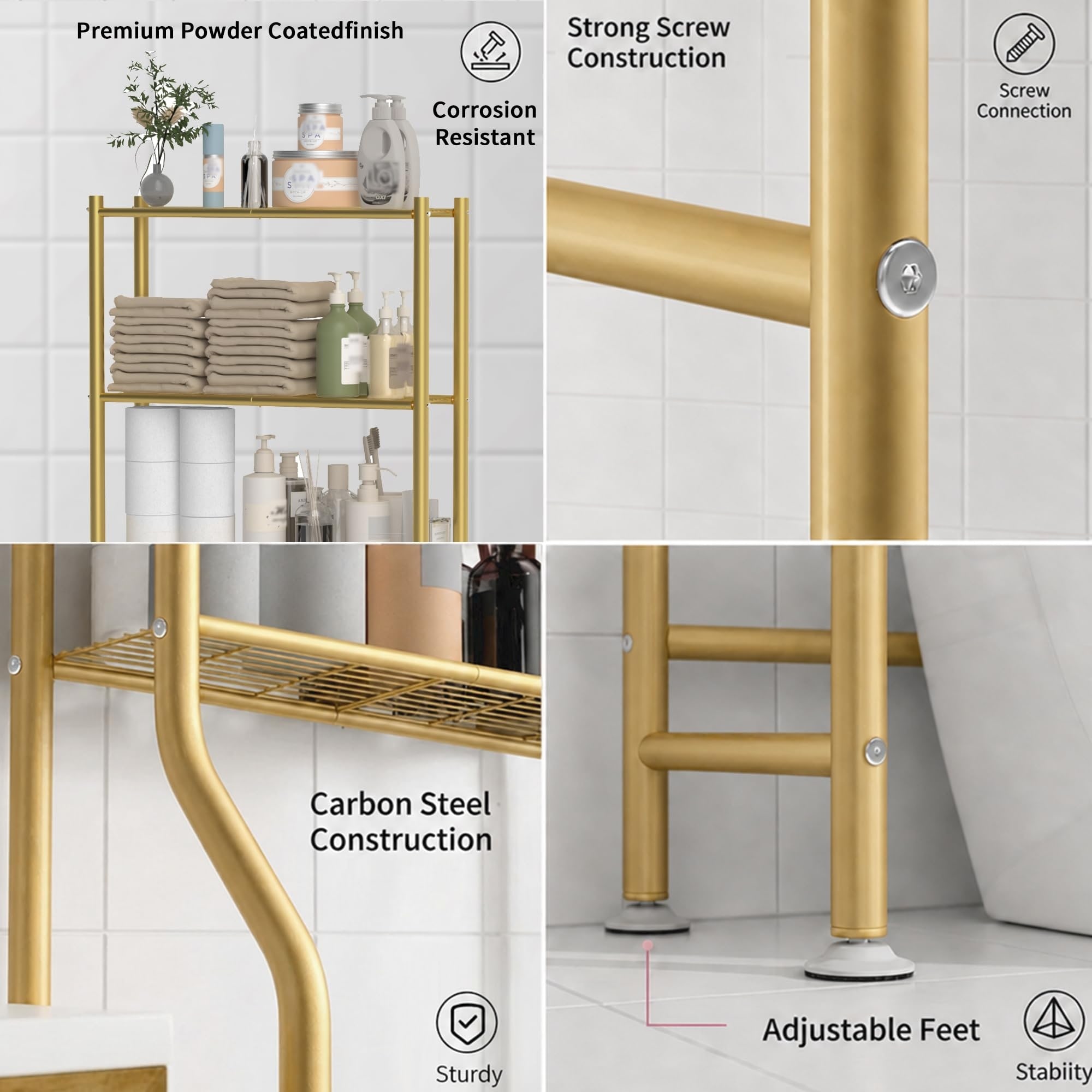 Etokfoks  3 Tier Over Toilet Storage Freestanding Carbon Steel Bathroom Organizer Rack 64 in High Gold with Paper Holder and 4 Hooks