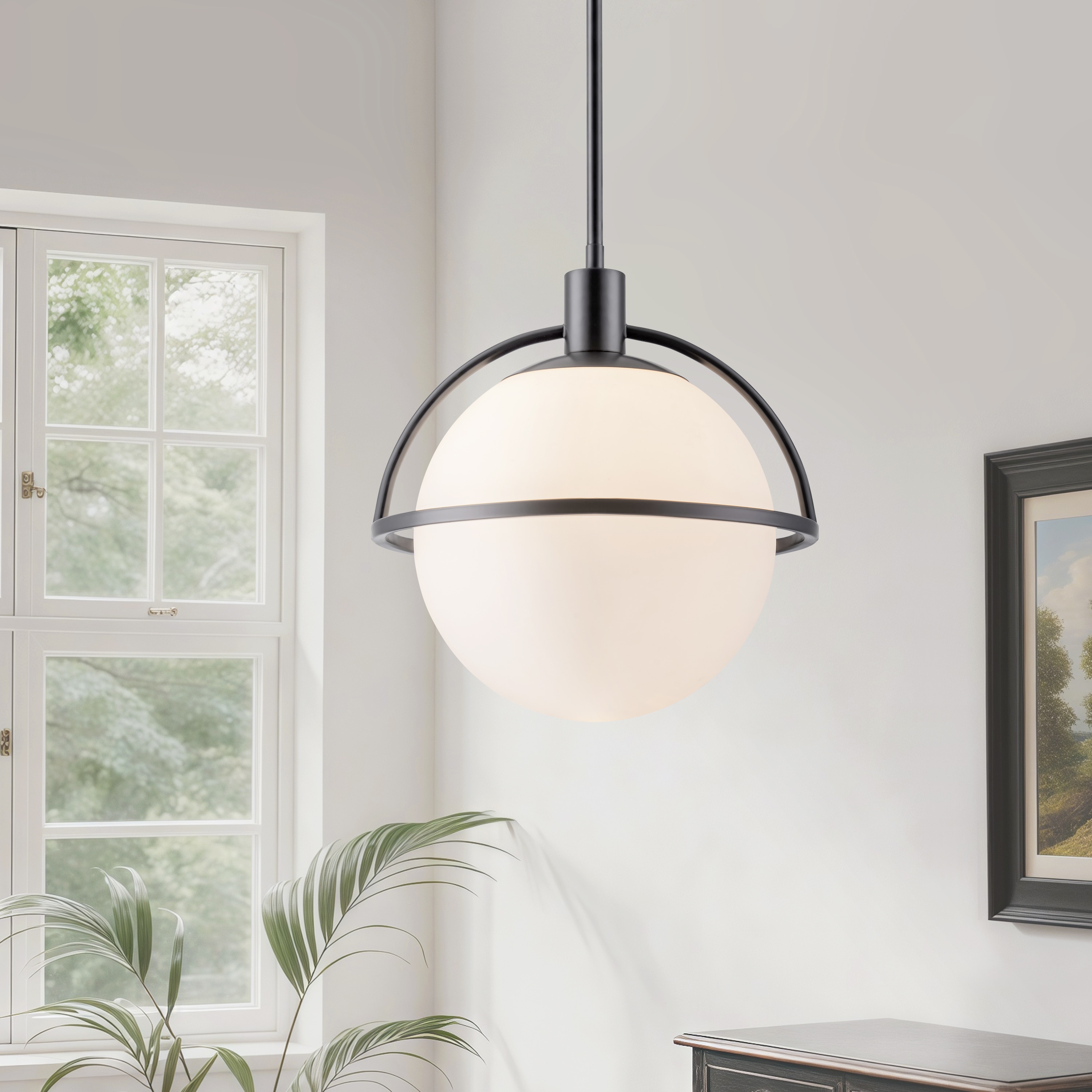 GoYeel 1 -Light Matte Black Modern/contemporary Opal glass Globe Hanging Pendant Light