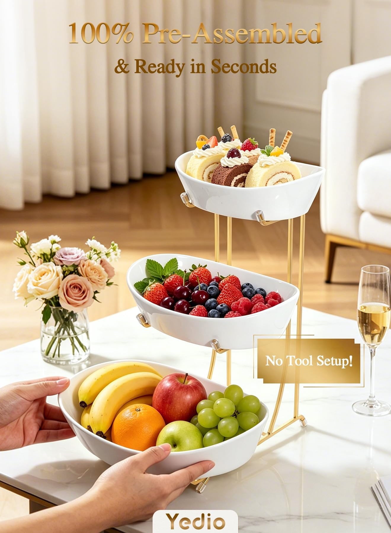 Aoibox  3 Tier Porcelain Fruit Bowl Set with Metal Stand No Assembly Required Tiered Basket for Fruit Snacks and Nuts