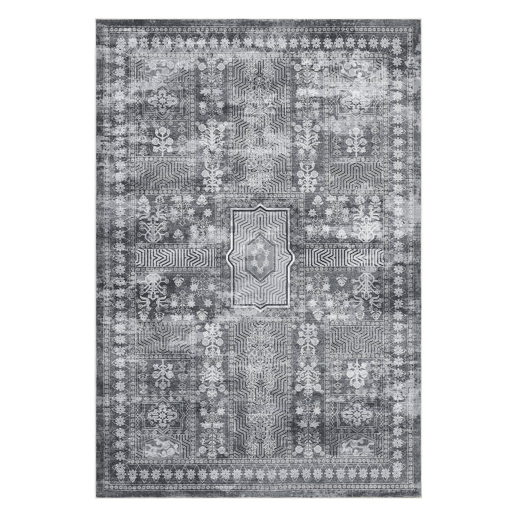 Qeetex LSN-PHO-15XM0P2I 9 x 12 ft Polyester Imitation Cashmere Gray Rectangular Hallway Bathroom Entryway Kitchen Office Foldable Flower Printed Persian Washable Area Rug