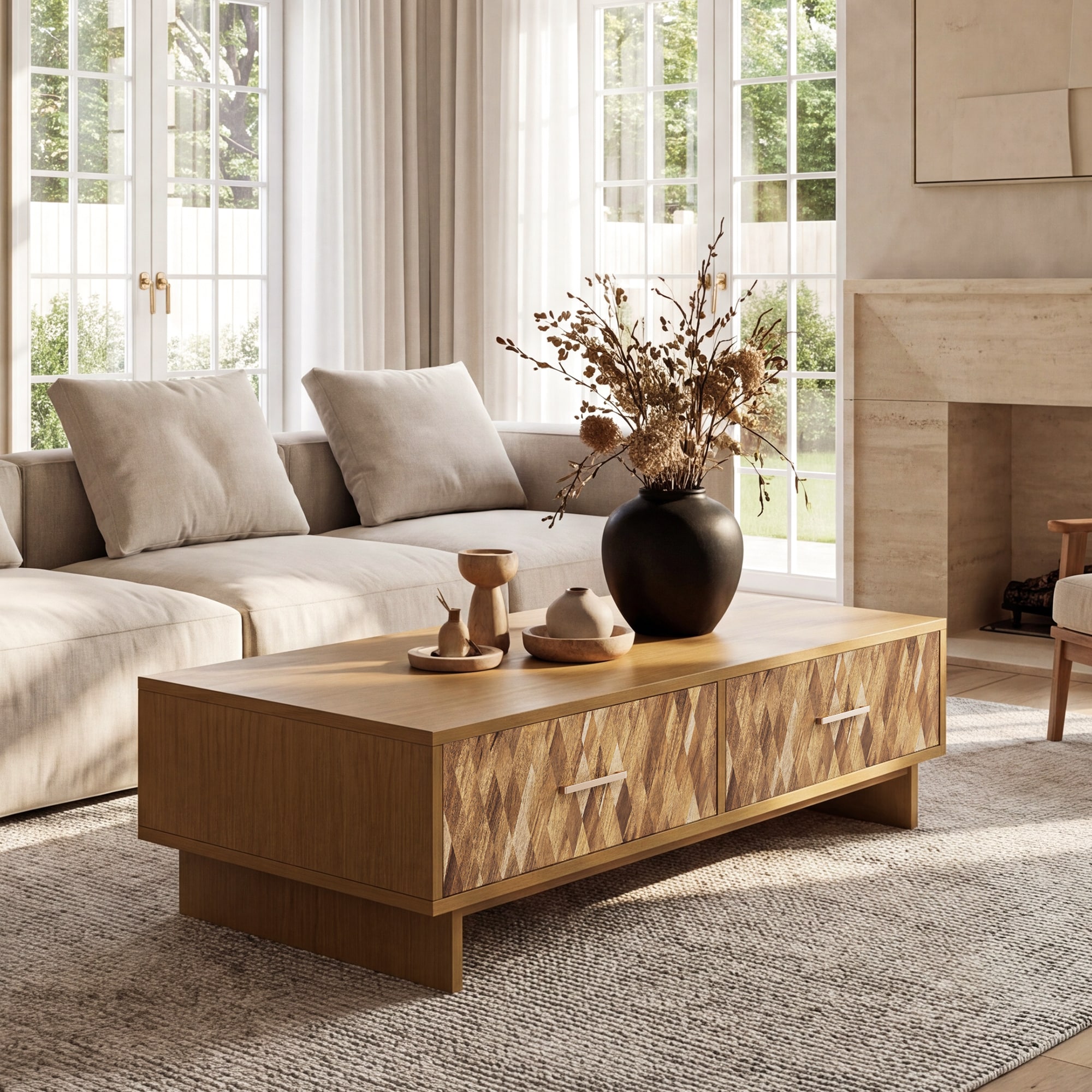 FARATI - Modern MDF Natural Rubberwood 56-in W x 18-in H with Drawers Coffee Table