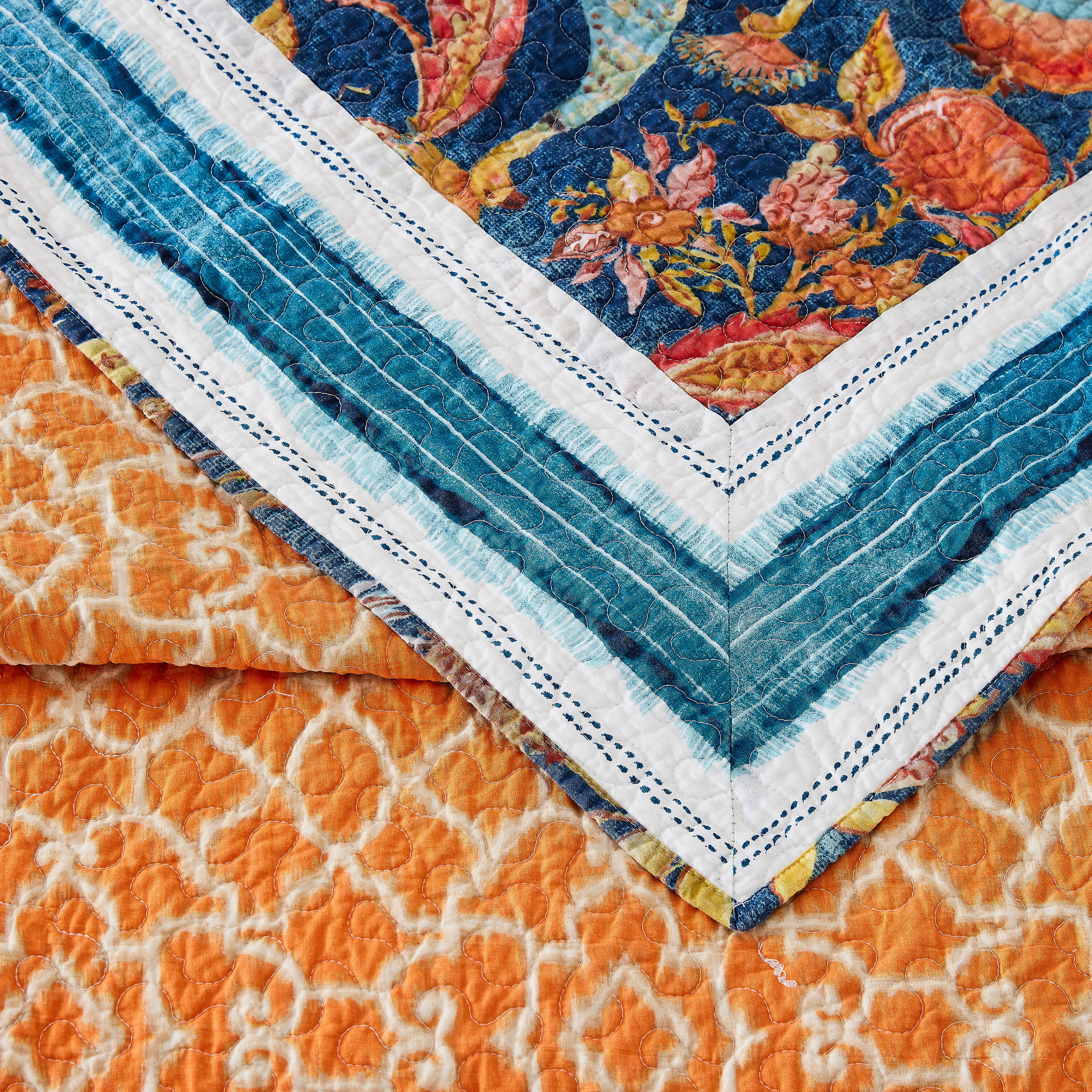 King Size Blue Cotton Reversible Quilt Set
