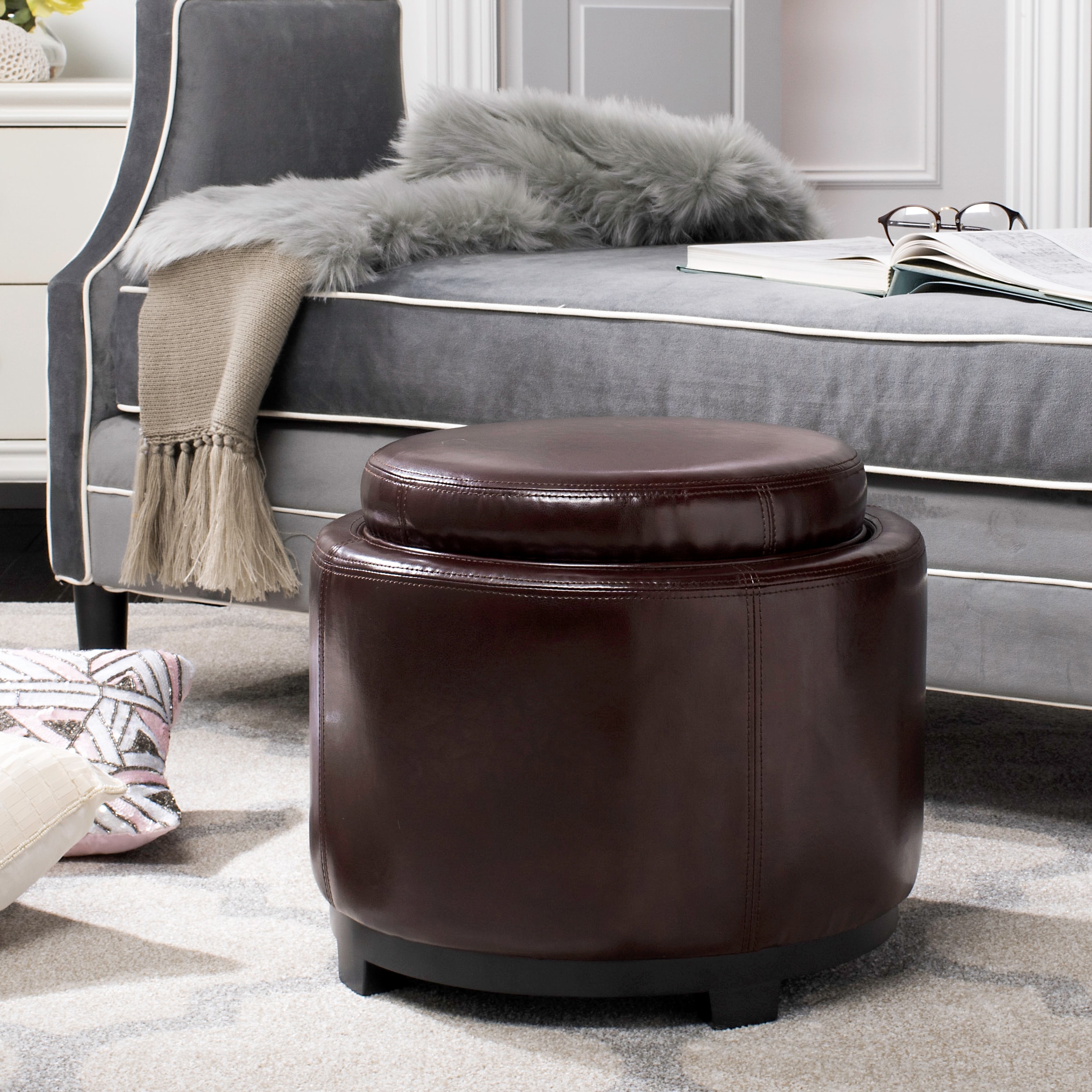 Transitional Cordovan Round Ottoman with Storage Tray