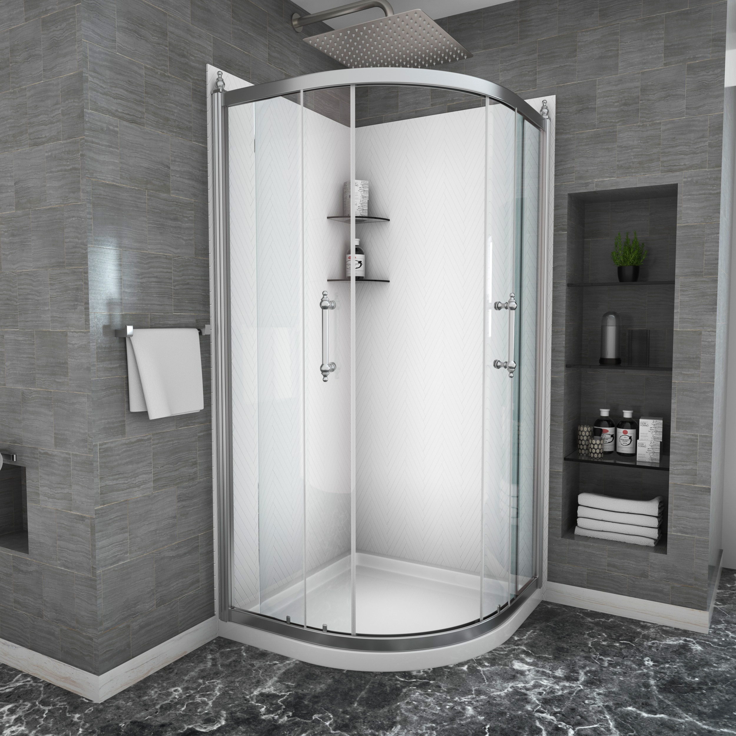 WELLFOR BTO BL-0313-OPT-LS YZ Chrome 36-in W x 75-in H Framed Corner Neo Angle Sliding Shower Door 1/4-in Thick Clear Glass