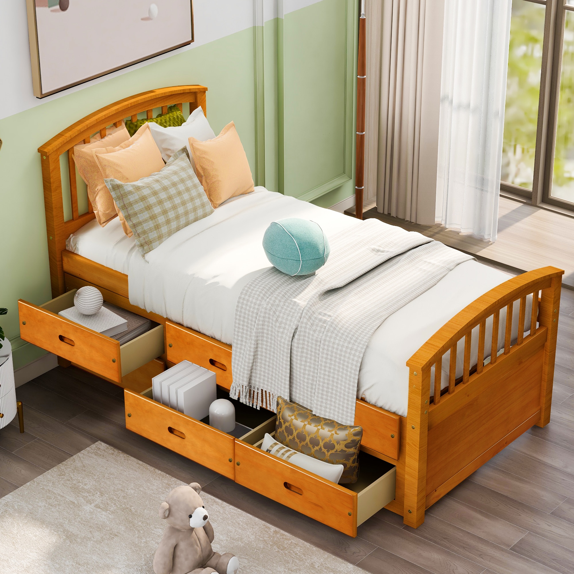 LOVMOR SF-L-SG000116AAL Twin Size Platform Storage Bed Solid Wood Bed with 6 Drawers