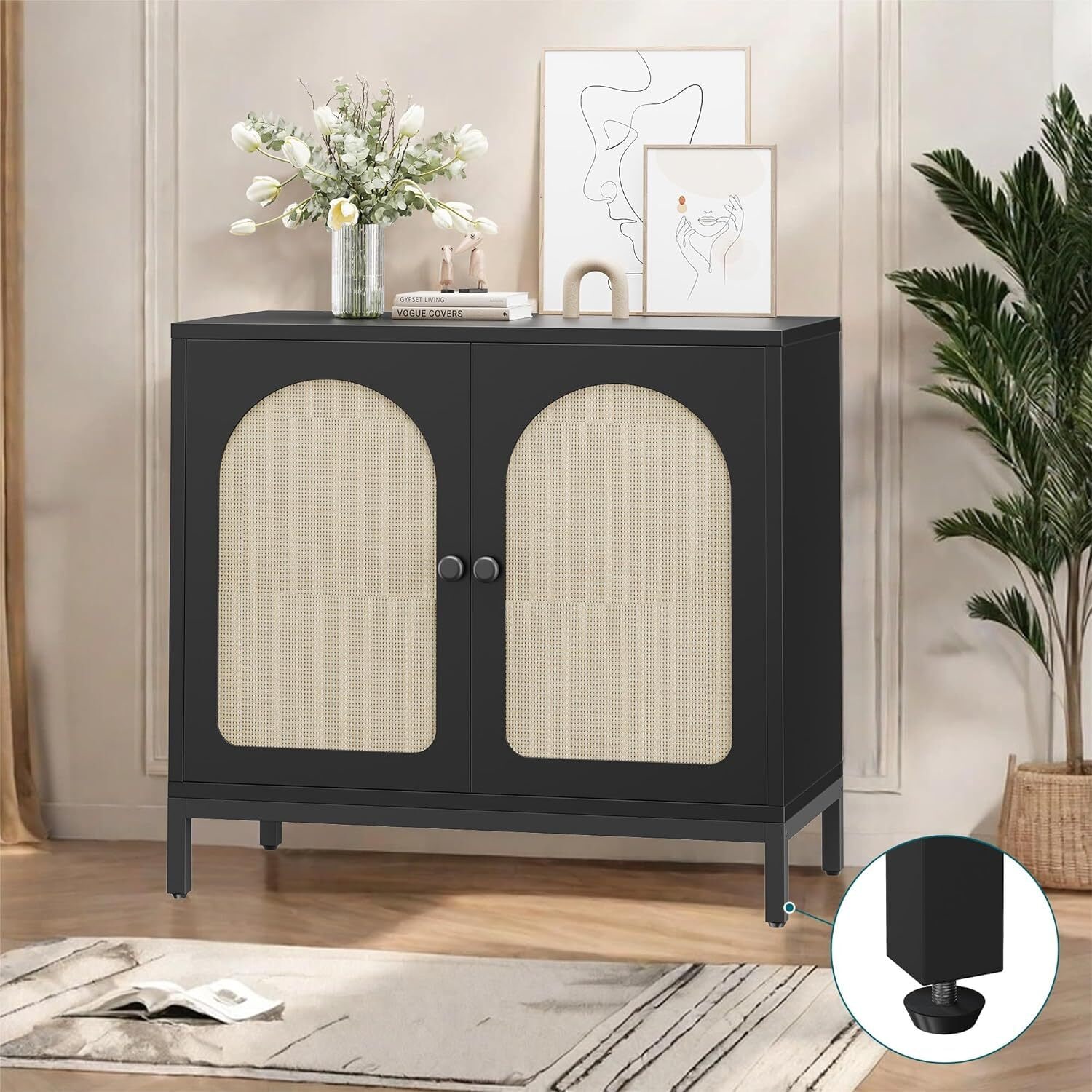 Garvee Woven Rattan Sideboard Cabinet Kitchen Storage Cabinet with Adjustable Shelf Freestanding Storage Sideboard for Living Room Dining Room Hallway Entry-Black