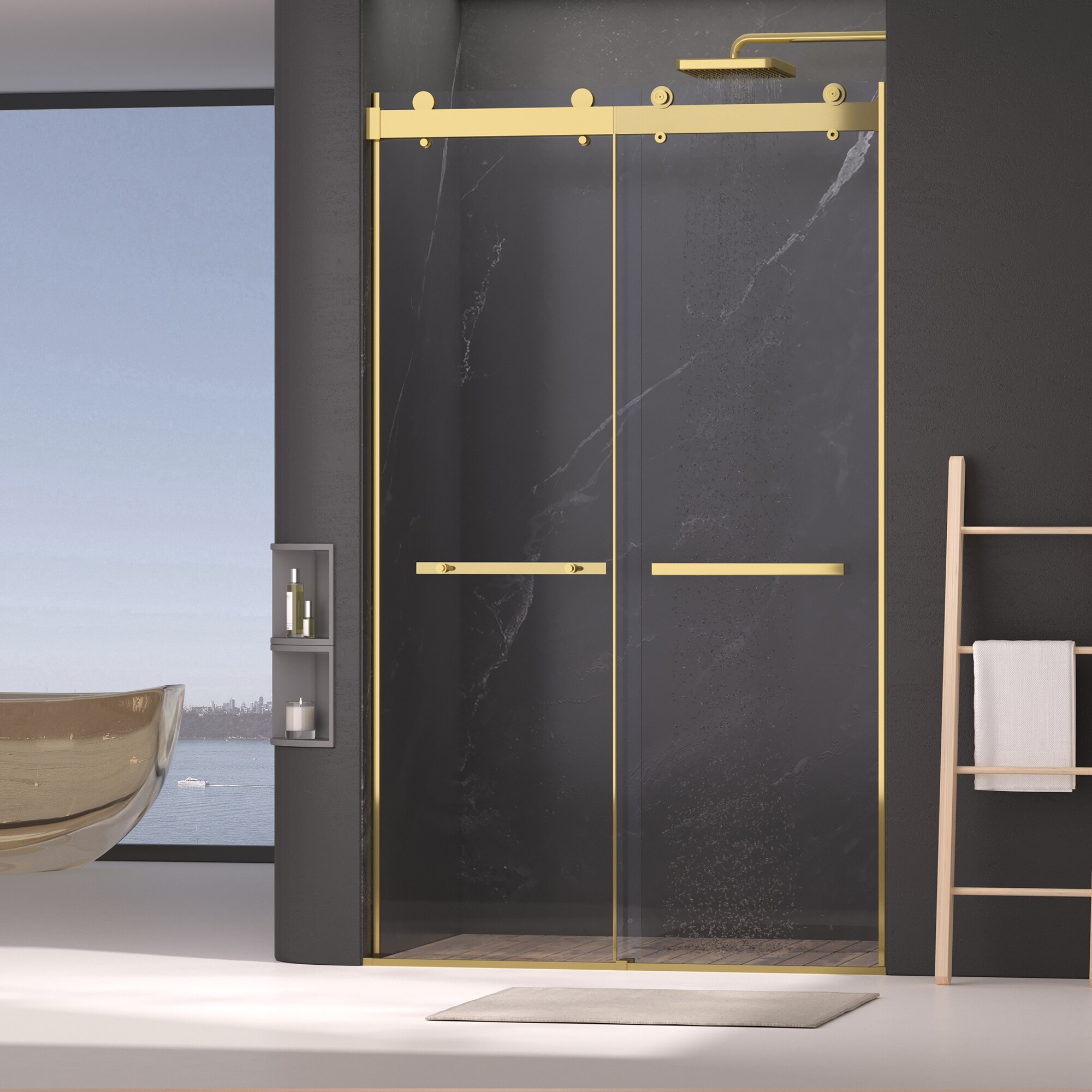 JUSHUA Dual Sliding Frameless Shower Door 44-48 in W x 75 in HSliding Shower Door with 5/16Inches 8mm Clear Tempered Glass Shower DoorSilent Soft-Close Design Easy to Clean Bathroom Brushed Gold