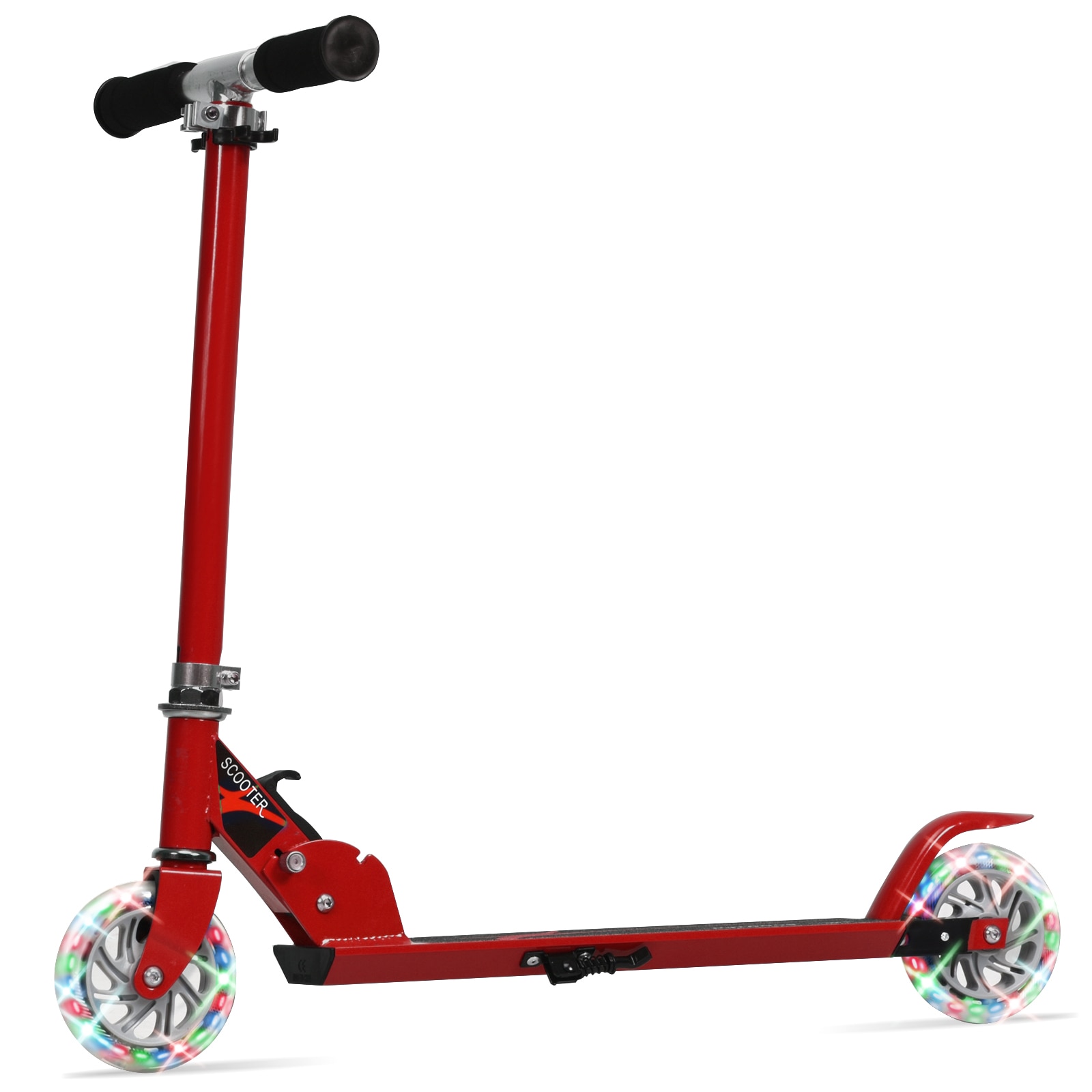 Slickblue LED Kids Kick Scooter (25 - 34 Inch) Red PU Wheels Rear Brake Wide Deck Aluminum Frame Adjustable Handlebar for Streets Parks or Sidewalks
