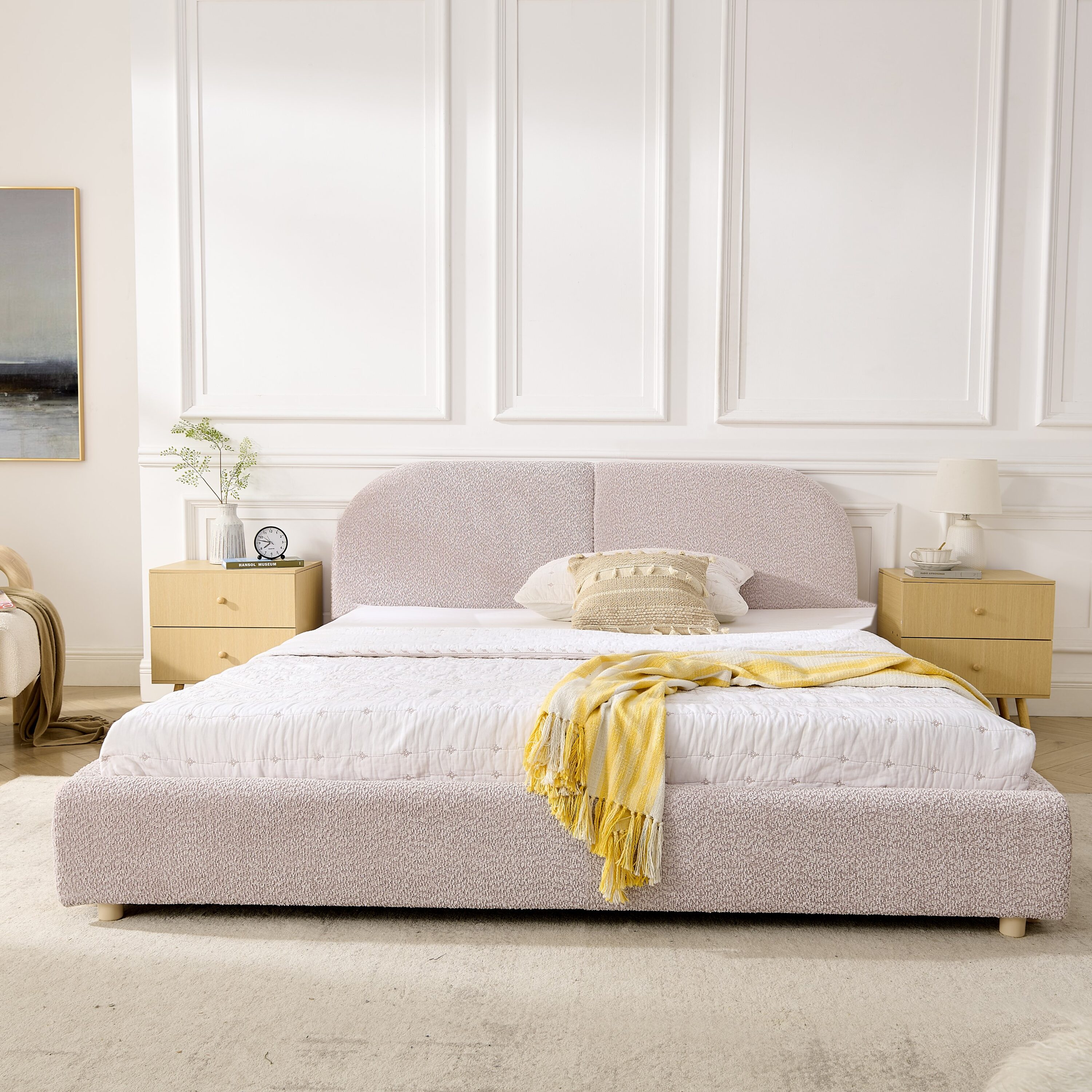 KTMBDW - Queen Size Bed Frame Upholstered Platform Bed Frame with Tall Curved Headboard and Sturd...