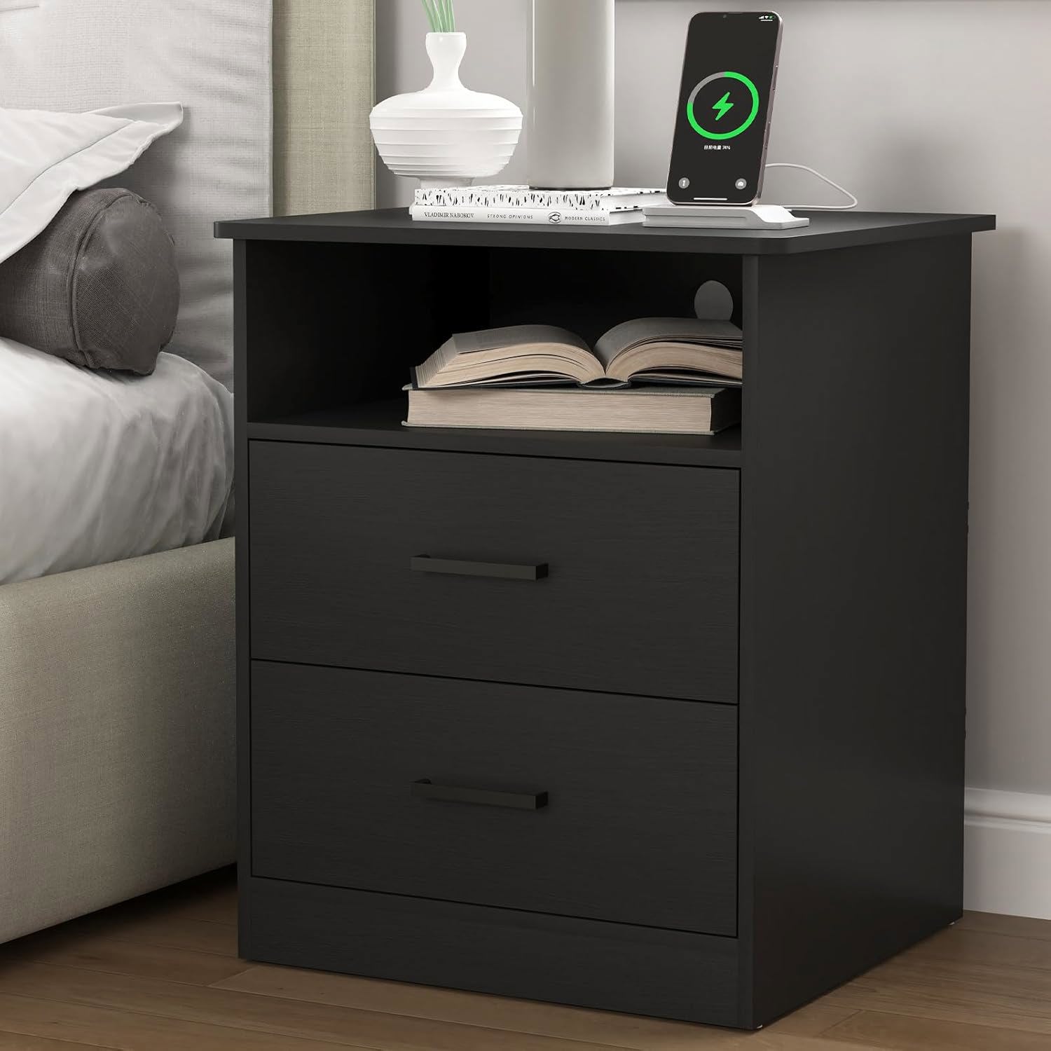 CIPACHO WBWB11489 Black Wooden Night Stand with Charger Station USB-C AC Ports 2 Drawers Open Storage