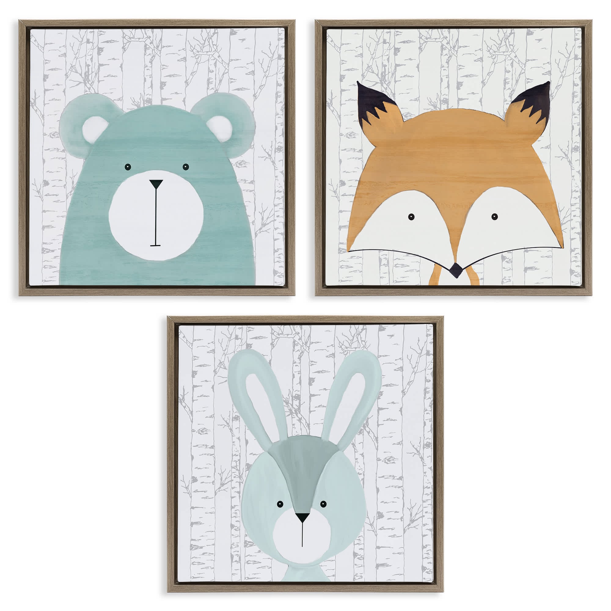 Stupell Industries A3-452-FFE-3PC-17X17 Whimsical Woodland Nursery Animals 3 Piece Brown Framed Floater Canvas Set By Kim Allen 18 x 18