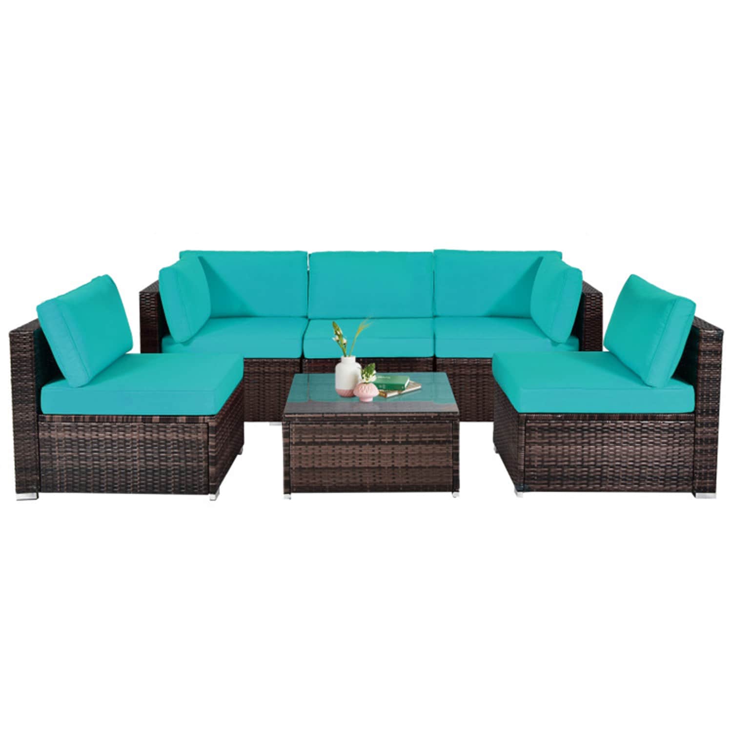Mondawe MO-LLZG700GY Rattan Outdoor Sectional with Light blue Cushions and Steel Frame
