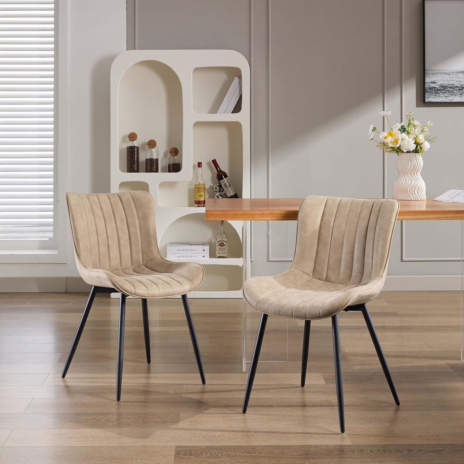 Qeetex PHO-13VI0ON5-HNN Set of 2 Khaki Faux Leather Dining Chairs with Metal Legs and Comfy Backrest for Dining Room
