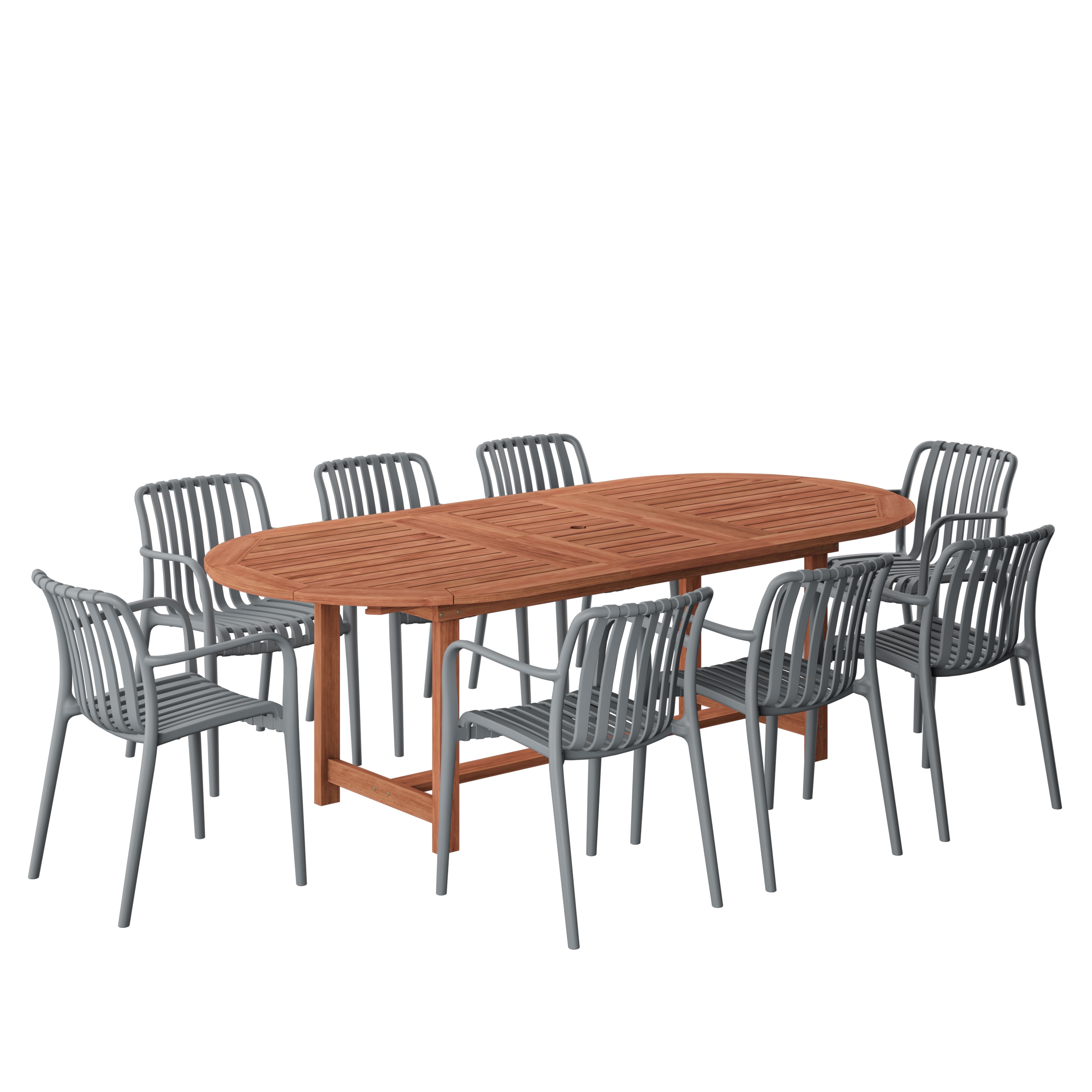 Amazonia LWS-359-8-CURA-GR 9 -Piece Wood Patio Dining Set Extendable Table Wood Oval Table with 8 Stackable Stationary and Motion Chairs