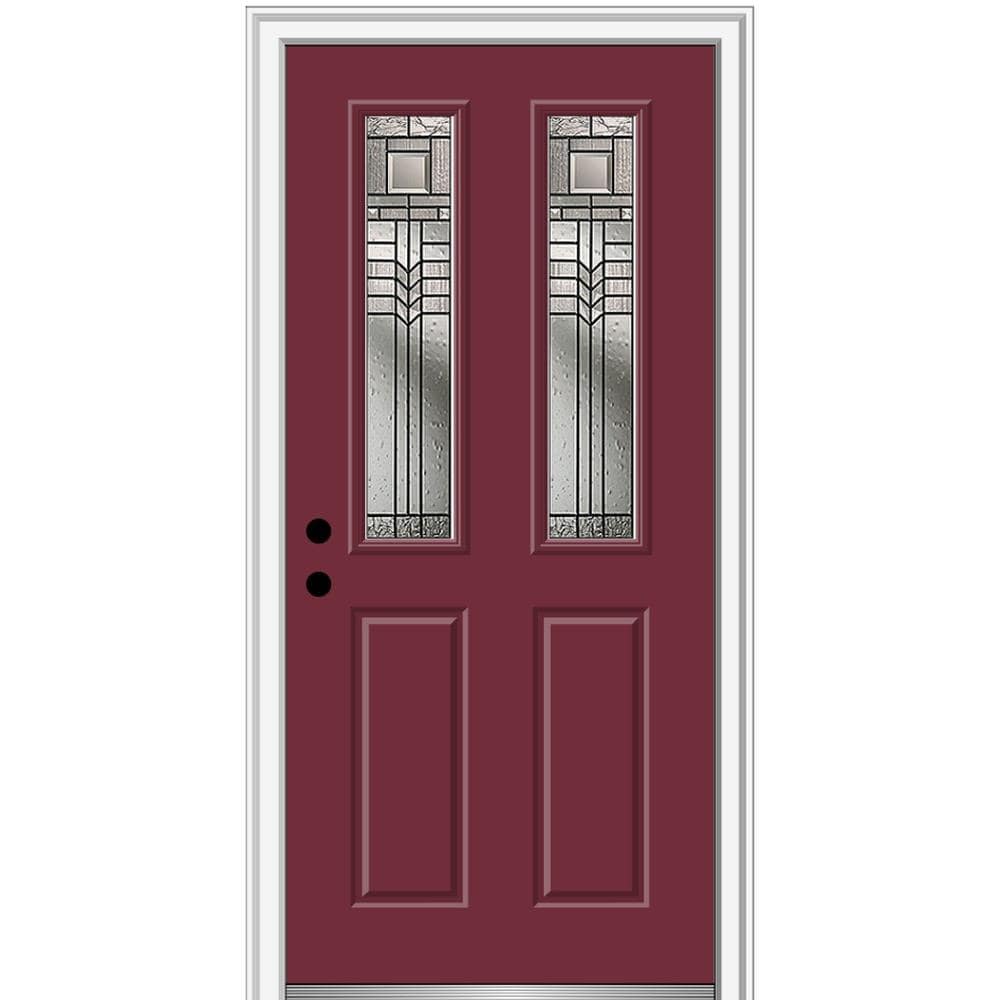 MMI DOOR ZZ3664222R 32-in x 80-in x 4-9/16-in Fiberglass Twin lite Right-hand inswing Burgundy Painted Prehung Front Door with Brickmould Insulating core
