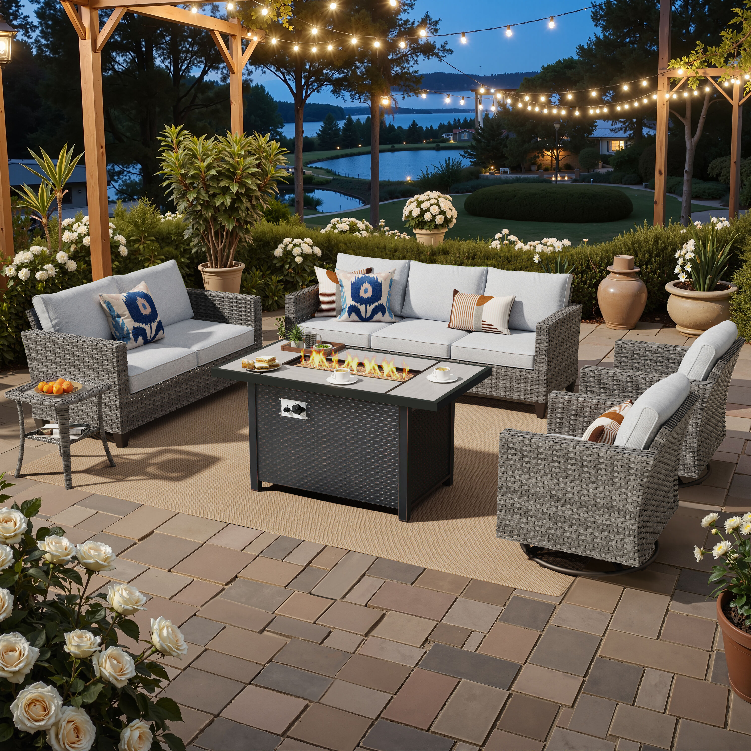 XIZZI XSQL7164-RC3IFP-2 Lullaby 6 -Piece Rattan Patio Sofa Conversation Set with Light Gray Cushions