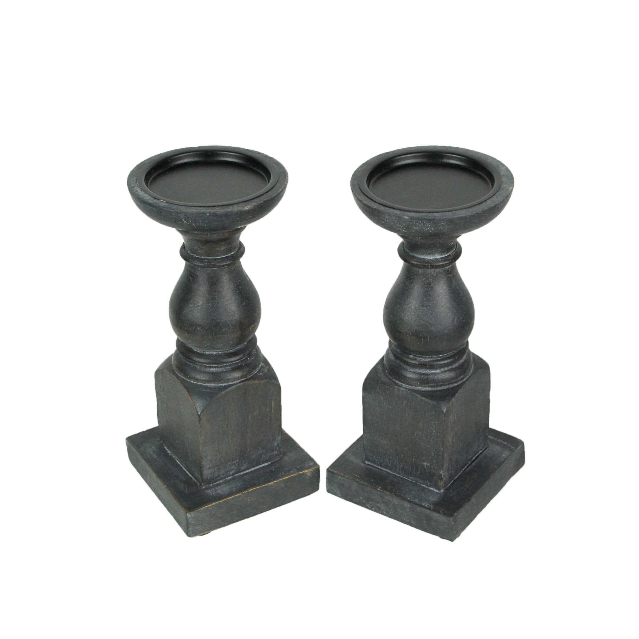 India House IHB-14382-CHL-SET Set of 2 Charcoal Wooden Pedestal Candle Holders Rustic Centerpiece Home Decor