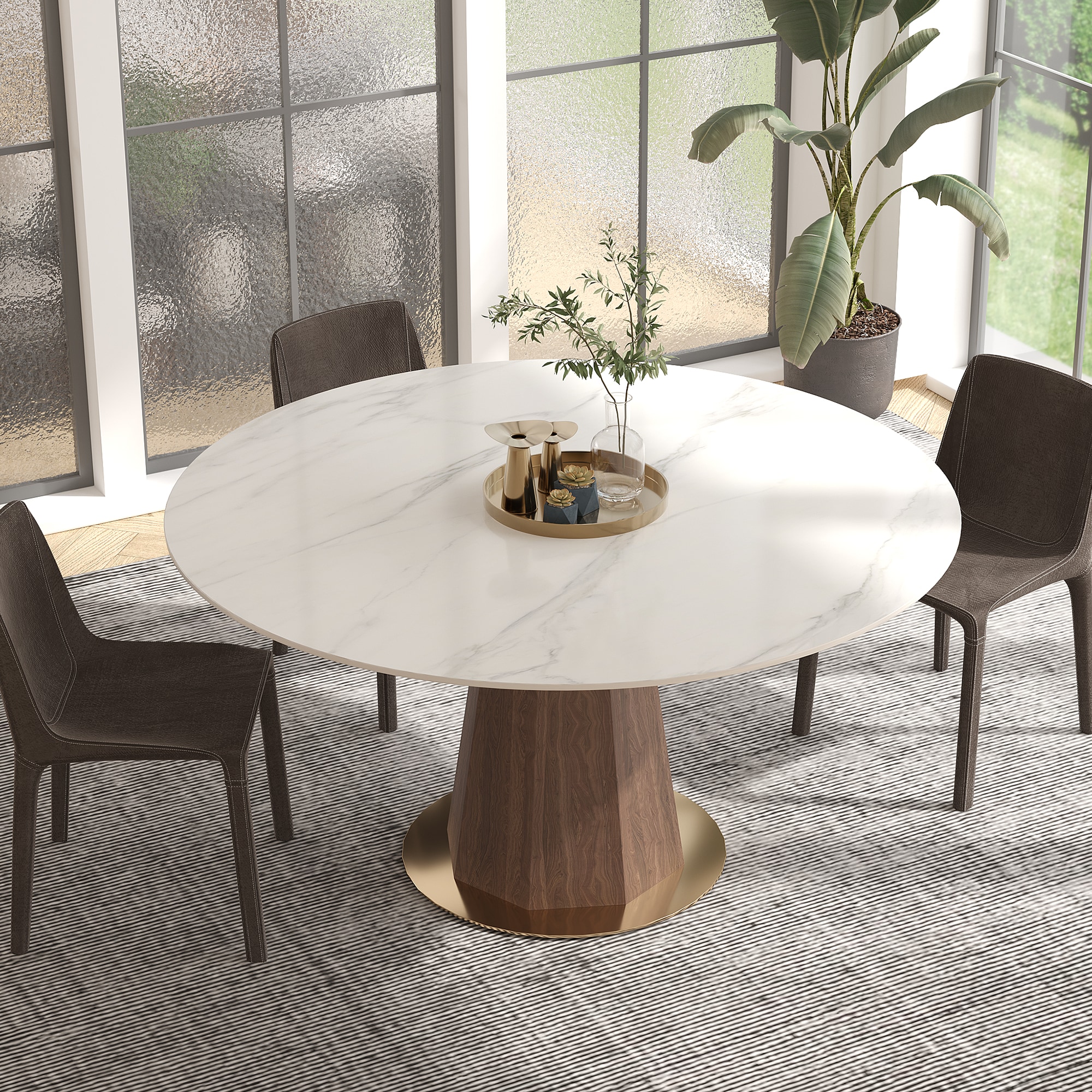  ZP7-G82-135XSS White Round Contemporary/Modern Marble Dining Table, with Walnut Finish and Metal Pedestal Base 53.15-in L x 29.53-in H