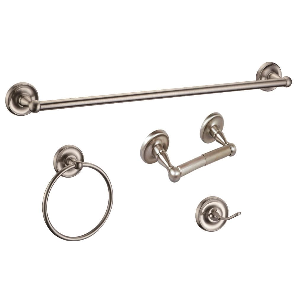 Design House 188748 4 -Piece San Martin Satin Nickel Decorative Bathroom Hardware Set Towel Bar, Toilet Paper Holder, Towel Ring ,Robe Hook Included