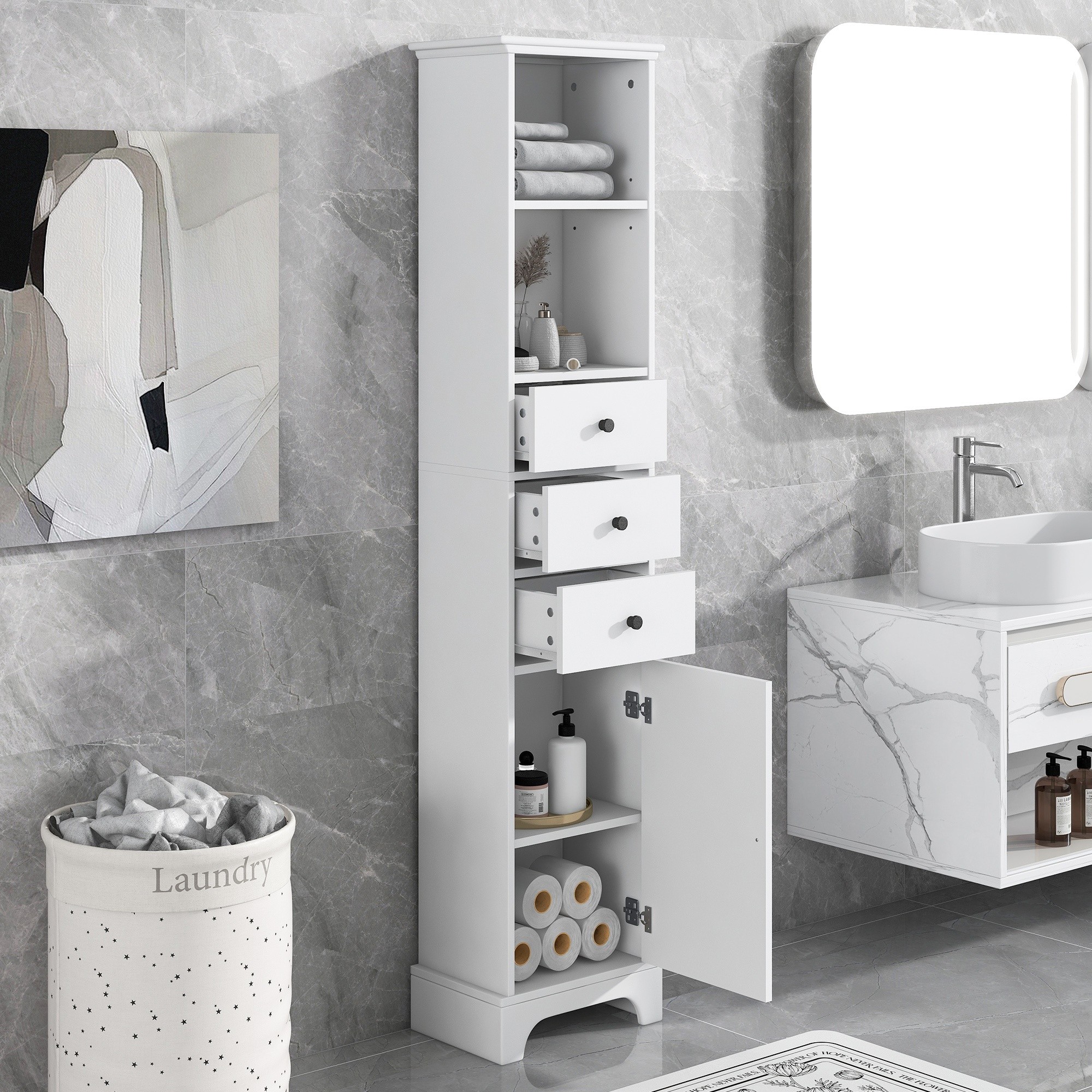 LIVACA White Painted MDF Tall Bathroom Cabinet with 3 Drawers and Adjustable Shelf
