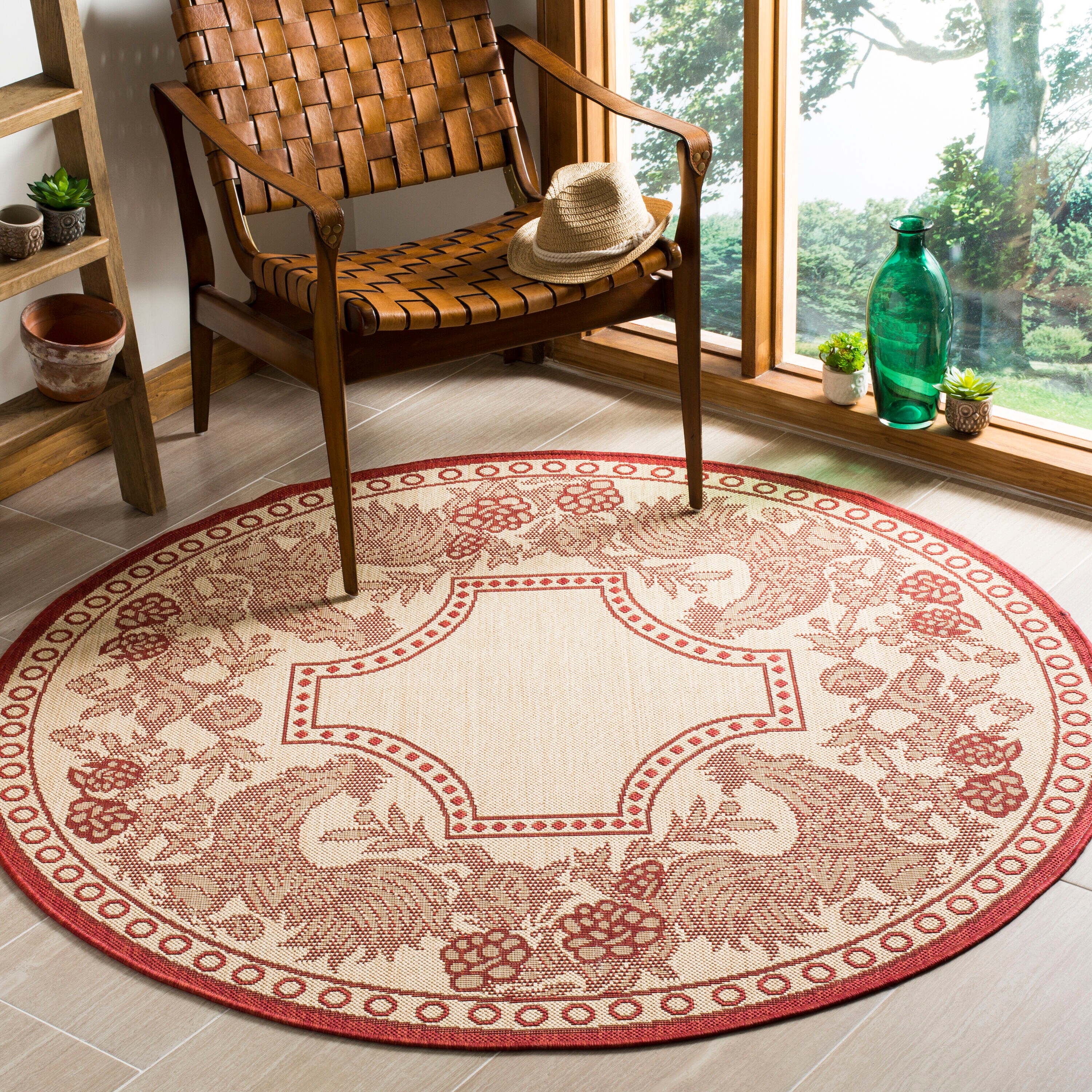 Safavieh CY3305-3701-5R Courtyard Praia 5 x 5 (ft) Loomed Polypropylene Natural/Red Round Indoor/Outdoor Floral/Botanical Coastal Area rug